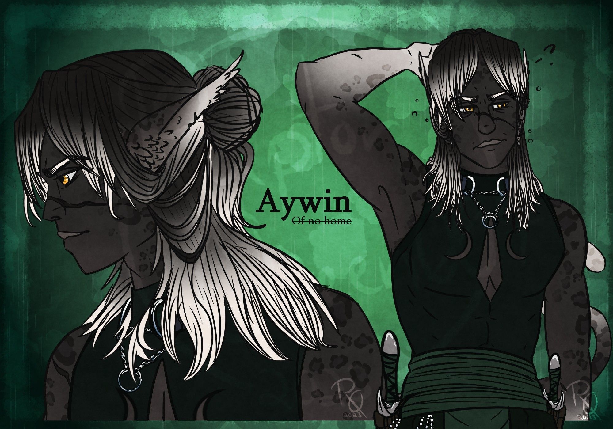 A digitally drawn portrait and bust reference for a drow elf and shifter hybrid character named Aywin. The reference shows them in their usual wear without cloak and weapons at his belt. He wears a body melding sleeveless top with 3 chest windows, a diamond in the center and two crescent moons on each of its sides, a scarf belt with two blades to his hips and a chain and leather choker collar at his neck.