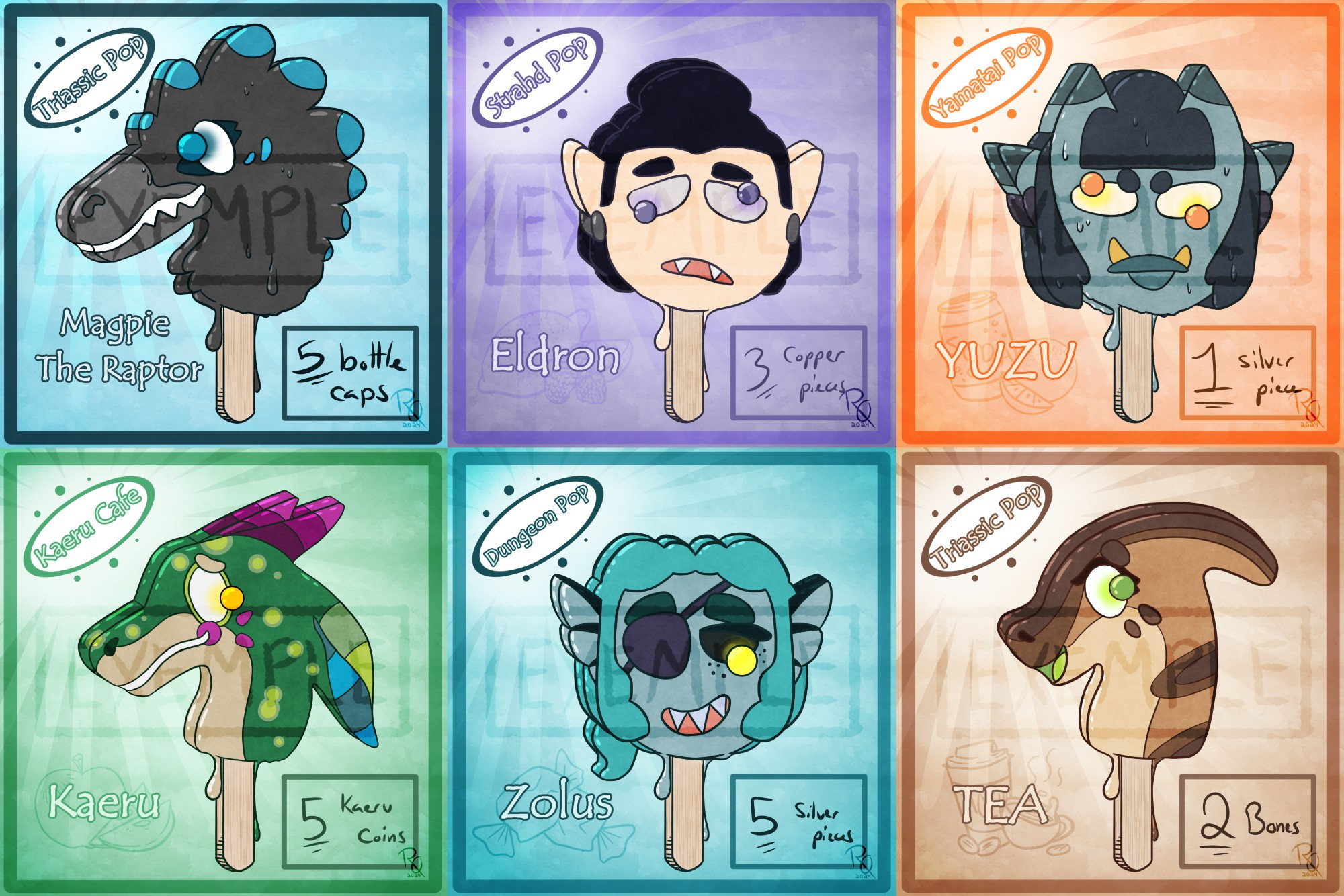 A variety of examples for the popsicle YCH commissions. There is a variety of types of characters, flavors and colors. There are humanoids, anthros, dinos and kobolds.