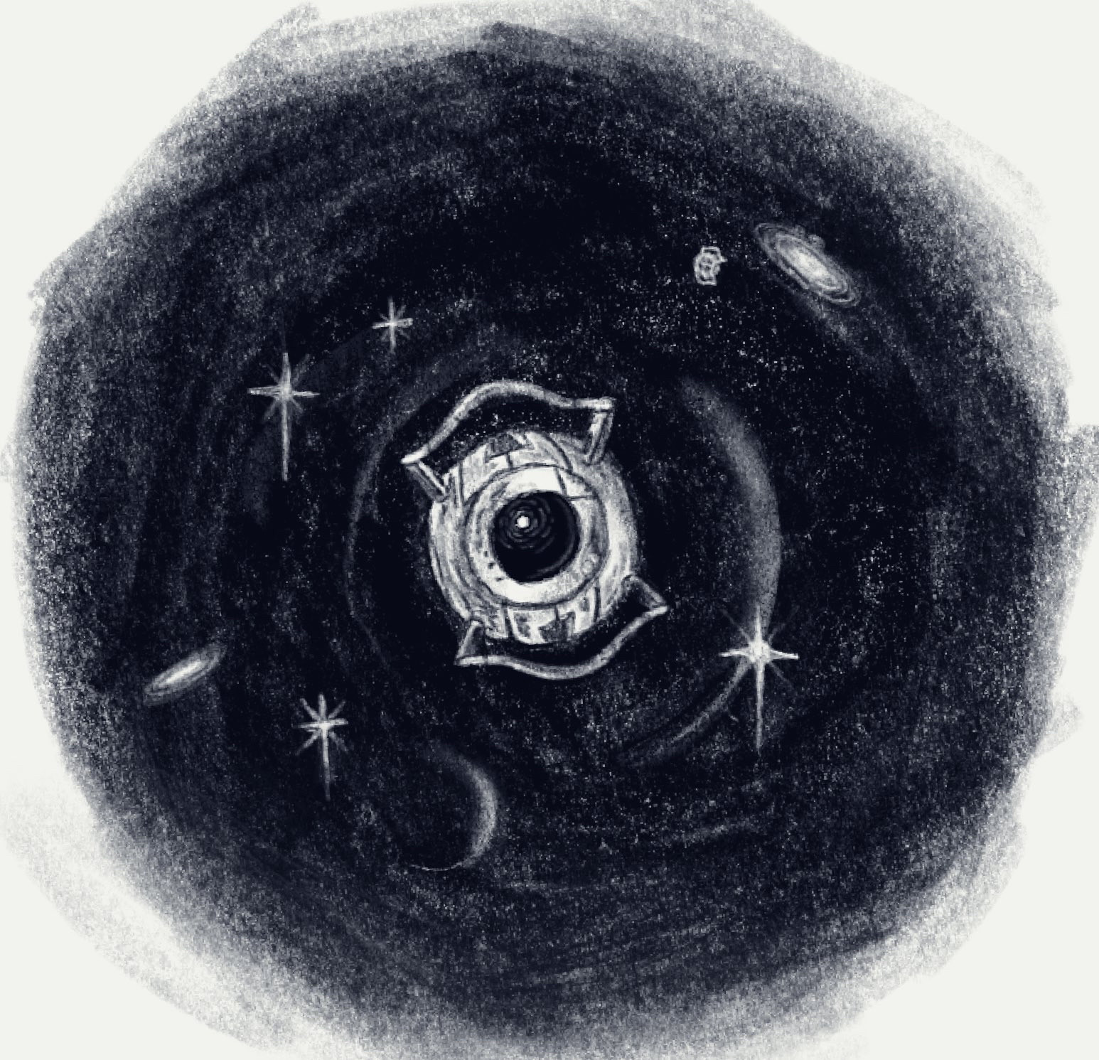 A black and white depiction of Wheatley in the expanse of space. There are stars and galaxies around him. Behind him is the Earth and its Moon, faintly highlighted by light. Space Core can be seen in the distance.