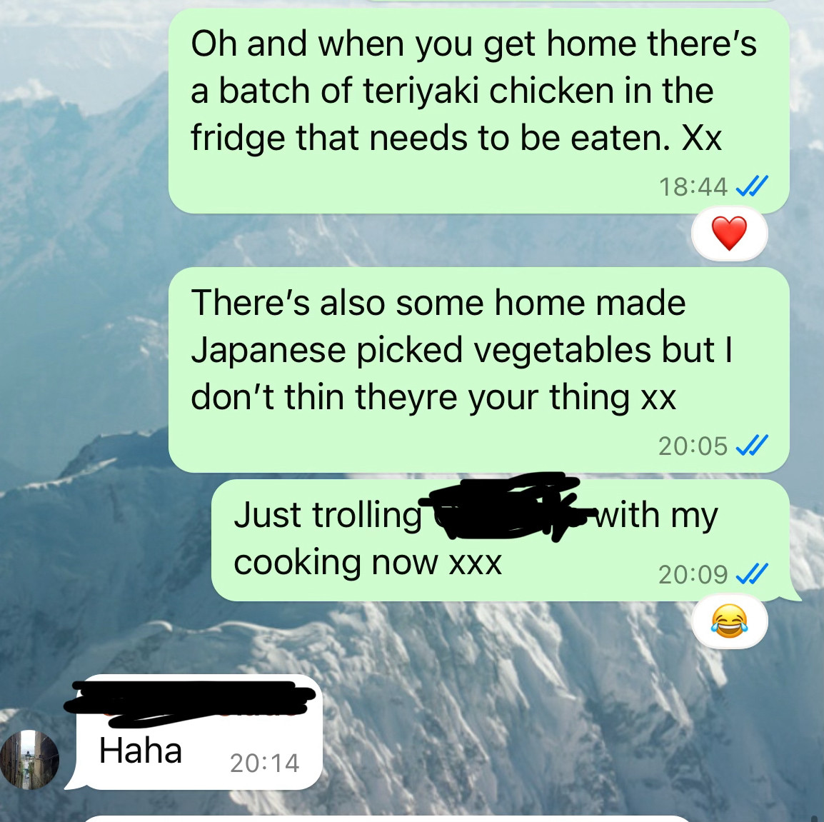 Screenshot of the family chat in which I remind my daughter that she is physically unable to raid the fridge 