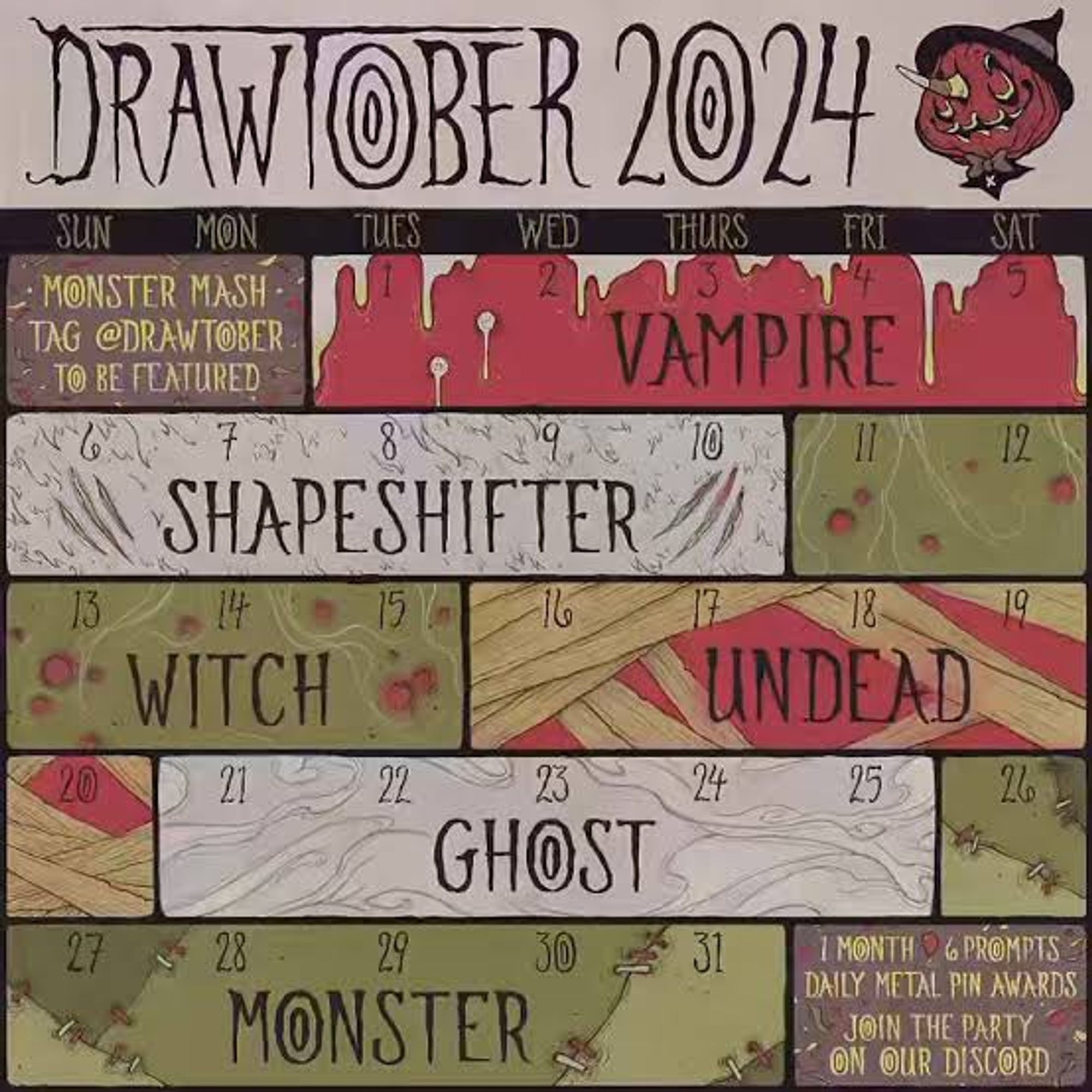 um calendário com os temas de desenho no drawtober desse ano. Vampire, shapeshifter, witch, undead, ghost e monster.