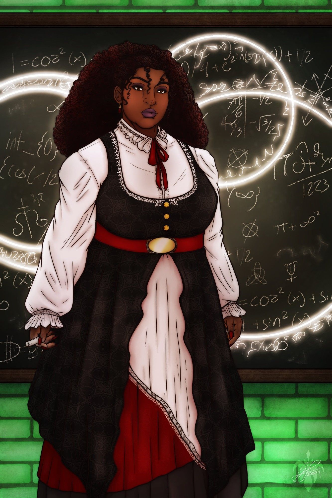 Art of a Black woman in front of a chalkboard marked with arcane and mathematical symbols. The board hangs on a wall of glowing green bricks. She is dressed in layered skirts of black, white, and red and holds  a piece of chalk in her hand.