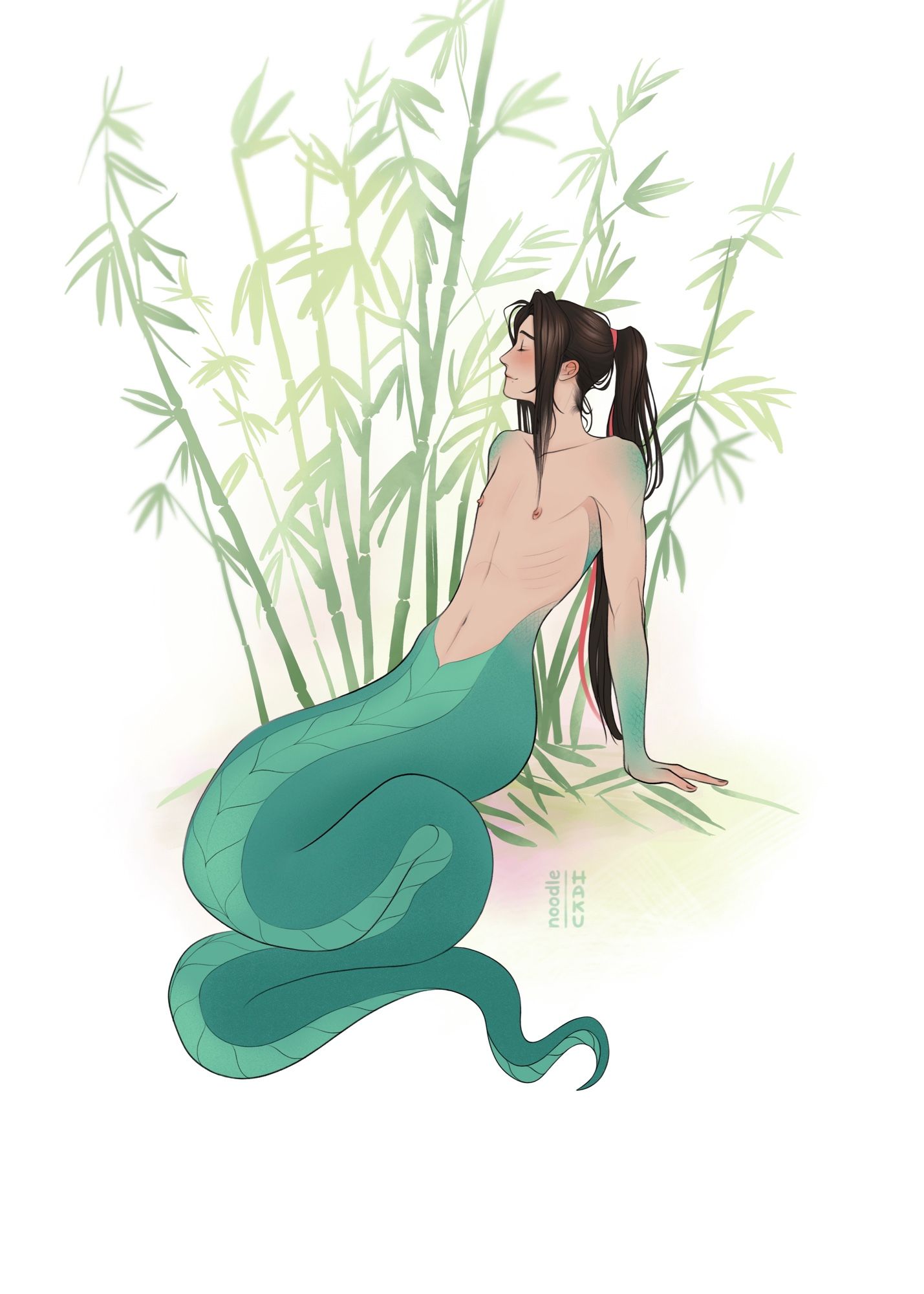 half-snake wei wuxian leaning back on his hands and looking relaxed