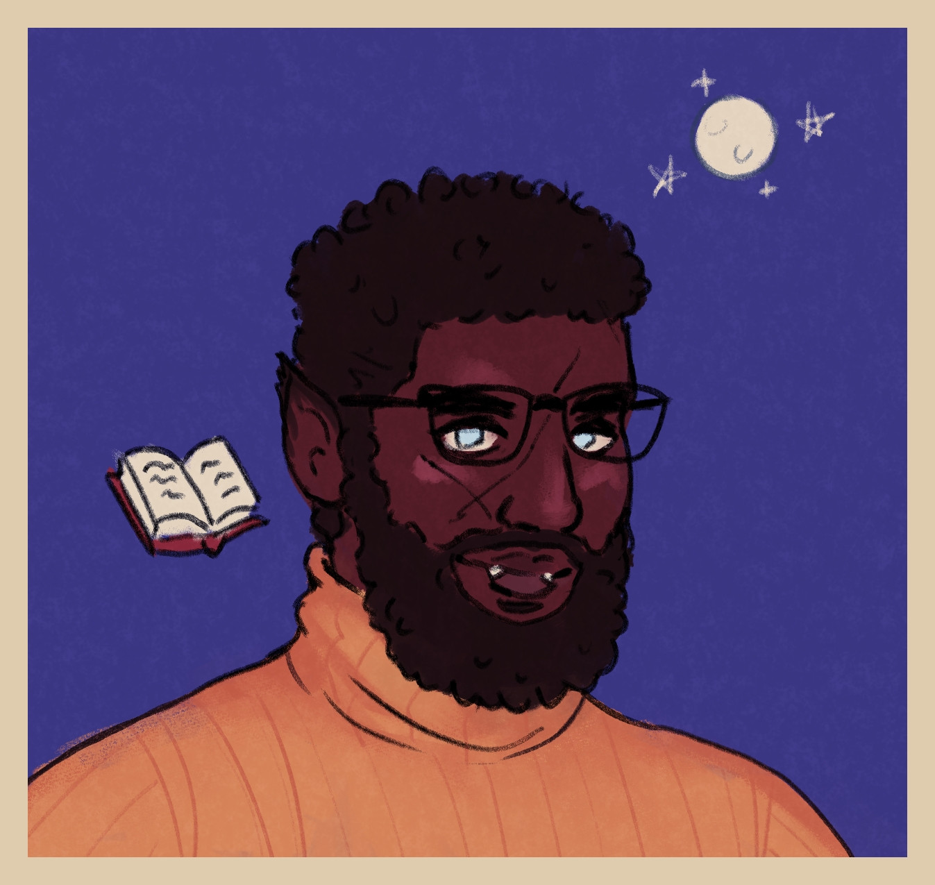 A digital headshot of wolfgang wilder, a townie from the sims 4: werewolves. He has brown skin and short, curly black hair and a beard. He also has fangs and pointed, fluffy ears. He wears glasses and a yellow turtleneck, and he has a scar on his face. The colours are warm and there is a full moon and a book beside him.