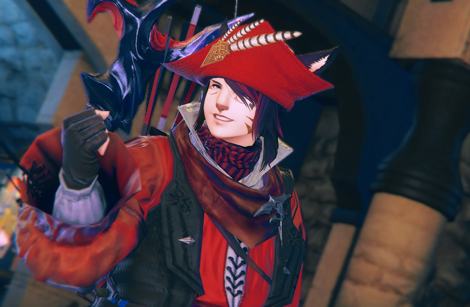 a screenshot of my FFXIV WOL, Avavael Liliael. He is a miqote, a catboy wearing a read pirate outfit, with long brown hair and pink highlights. 