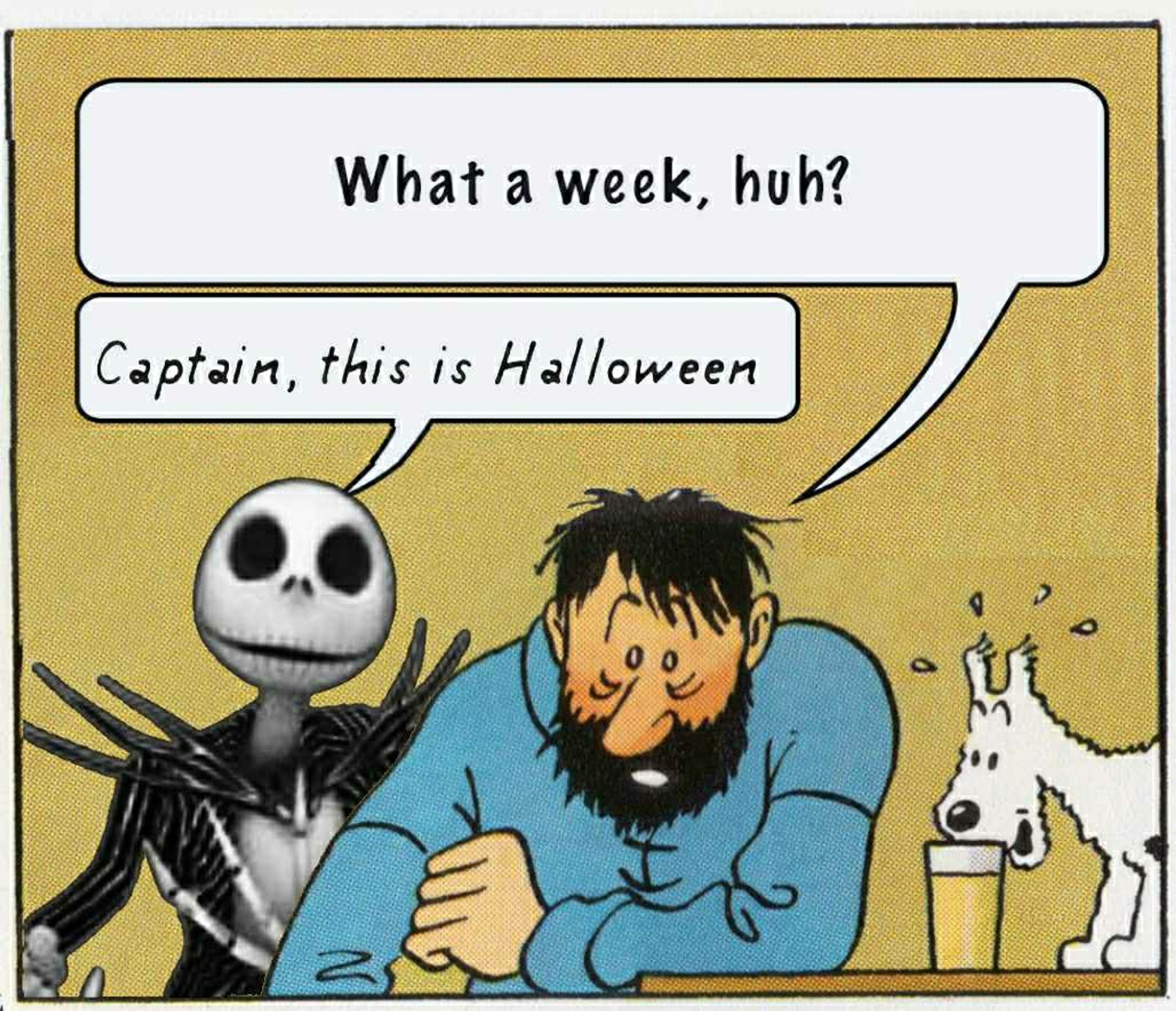 La viñeta dewhat a week, huh de Tintín pero con Jack Skellington diciéndole al capitán que es Halloween