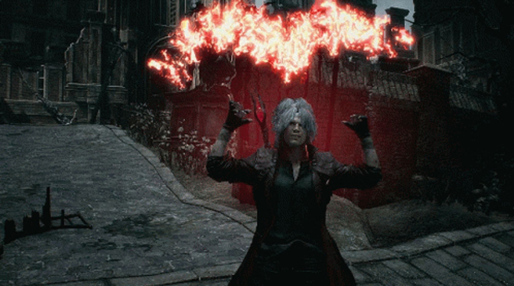 Dante from the Devil May Cry series with flaming heart behind him.