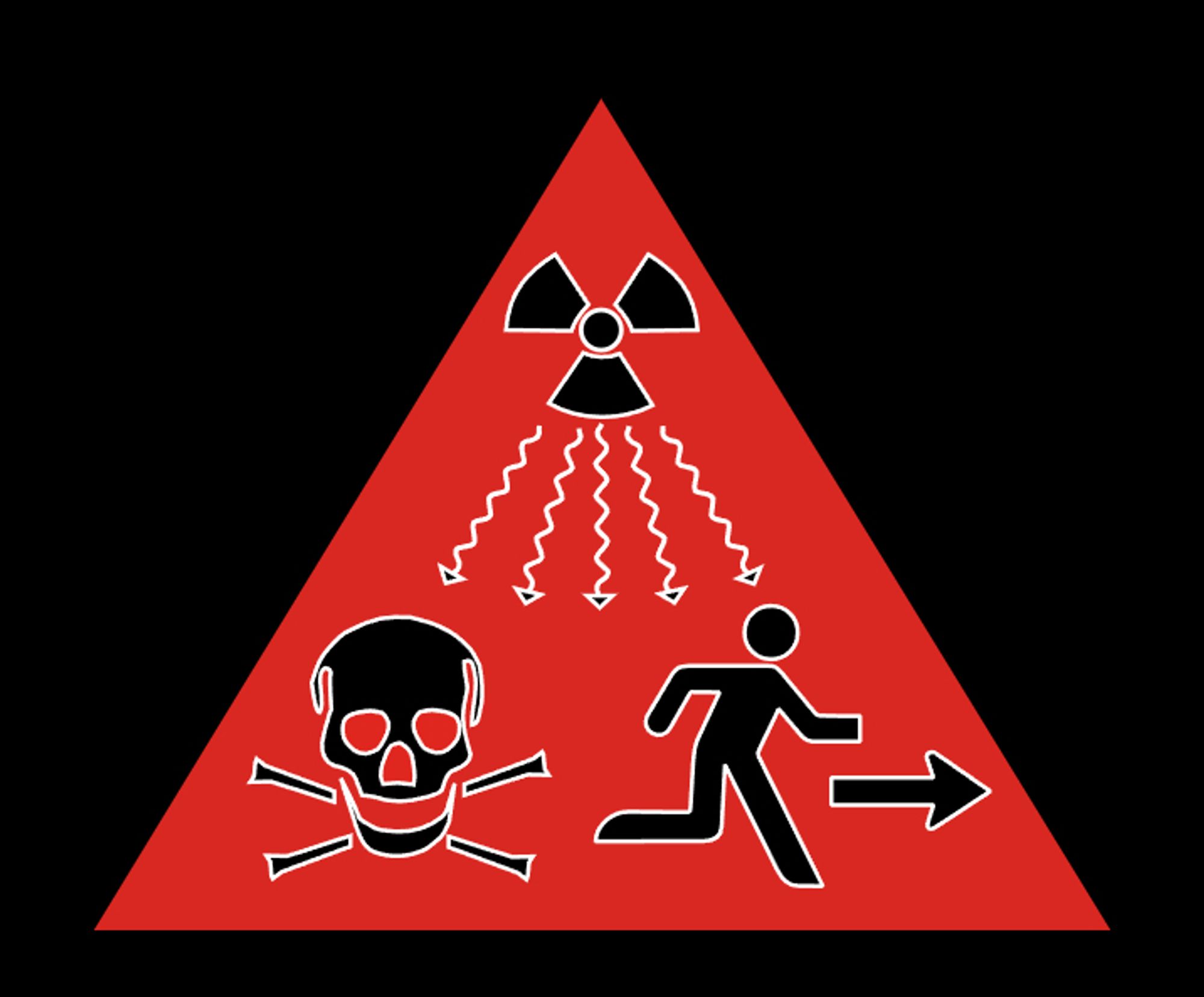 A picture of ISO 21482, intended to convey extreme radiation danger. It is a red triangle pointing up containing three images in black with white outlines: at the top, the 'trefoil' radiation symbol, with wavy arrows streaming from it representing ionizing radiation; in the lower left corner is a skull and crossbones; in the lower right corner is a stick figure human in a running pose and an arrow indicating that the person is or should be running away. The image effectively conveys the message of "HOLY SHIT RUN FOR YOUR GODDAMN LIFE RIGHT NOW".