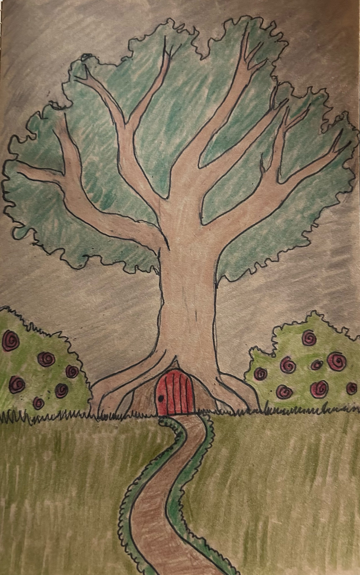 A drawing of a tree with a red door in its trunk. There are flowering bushes on either side of the tree and a dirt path leads through the grass to the door. Drawing is in colored pencil. 