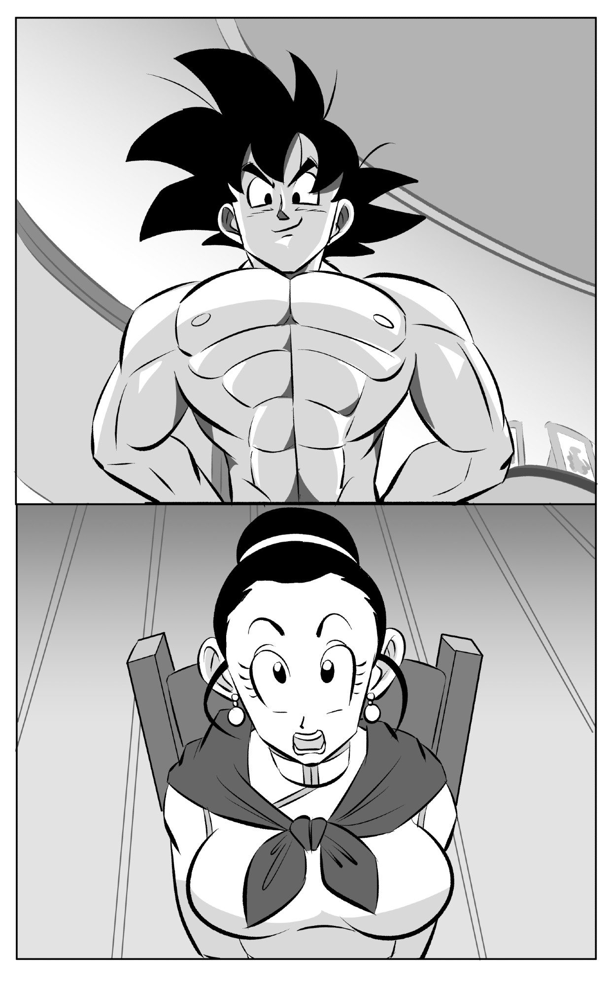 A nsfw comic page of Goku looking down at Chi-chi. She is looking up in awe.