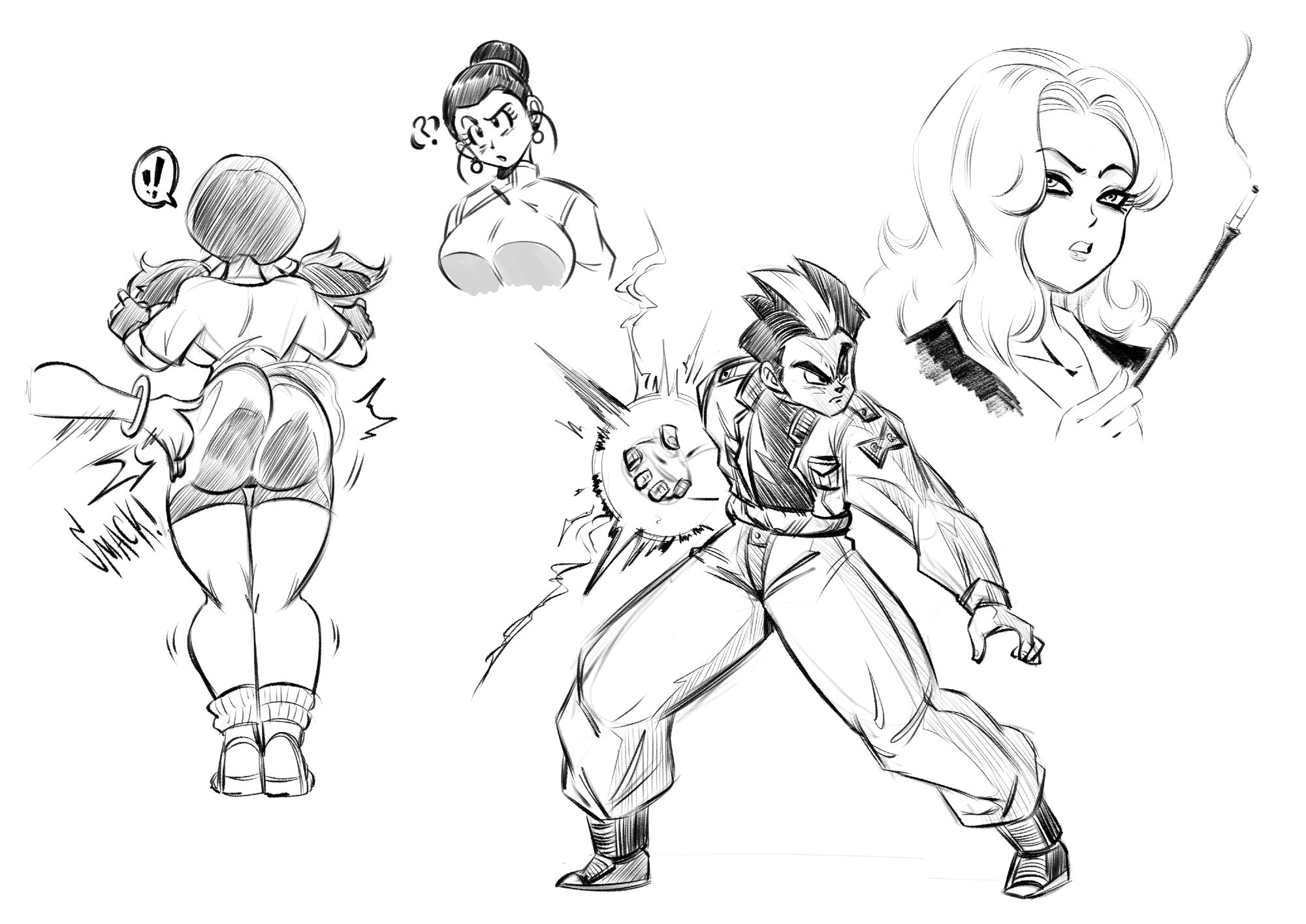 Random sketches of Dragon Ball Z characters and two original characters.