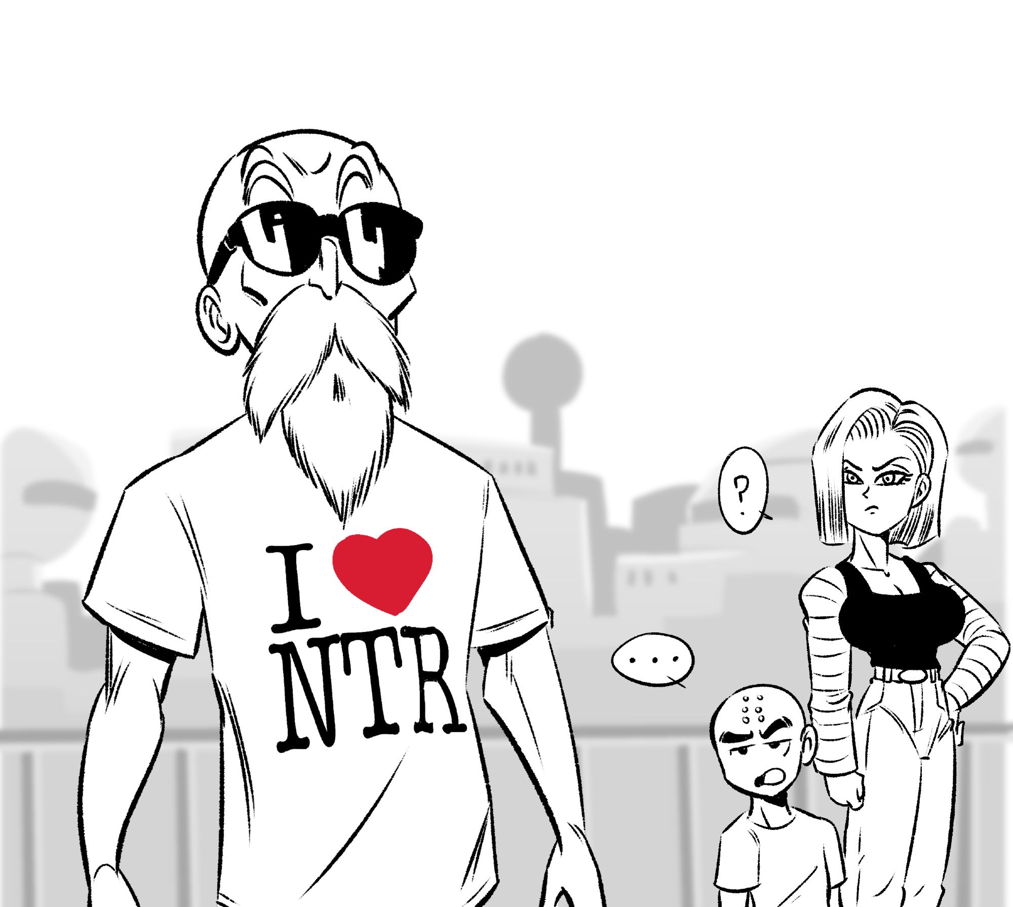 An illustration of Mast Roshi wearing a "I ♥ NTR" T-shirt. Krillin and Android 18 in the background looking perplexed. (Dragon Ball Z)