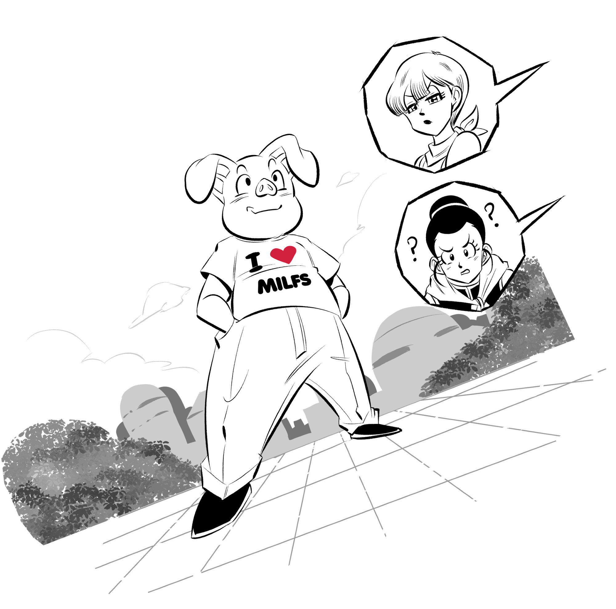 An illustration of Oolong wearing a "I ♥ MILFS" t-shirt.