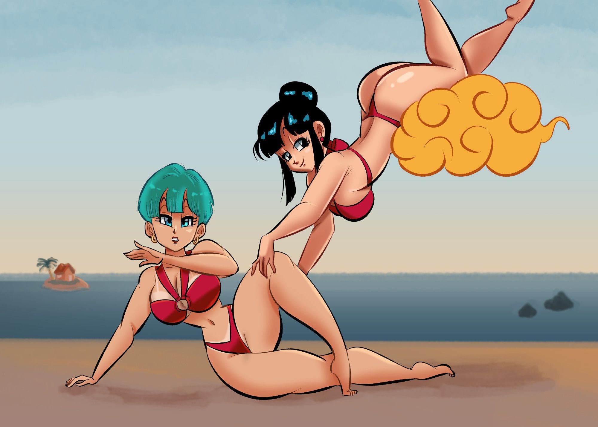 An illustration of Bulma and Chichi (Dragon Ball Z) on the beach with red bikinis. Based on Cardi B and Megan Thee Stallion's "Bongos" Video.