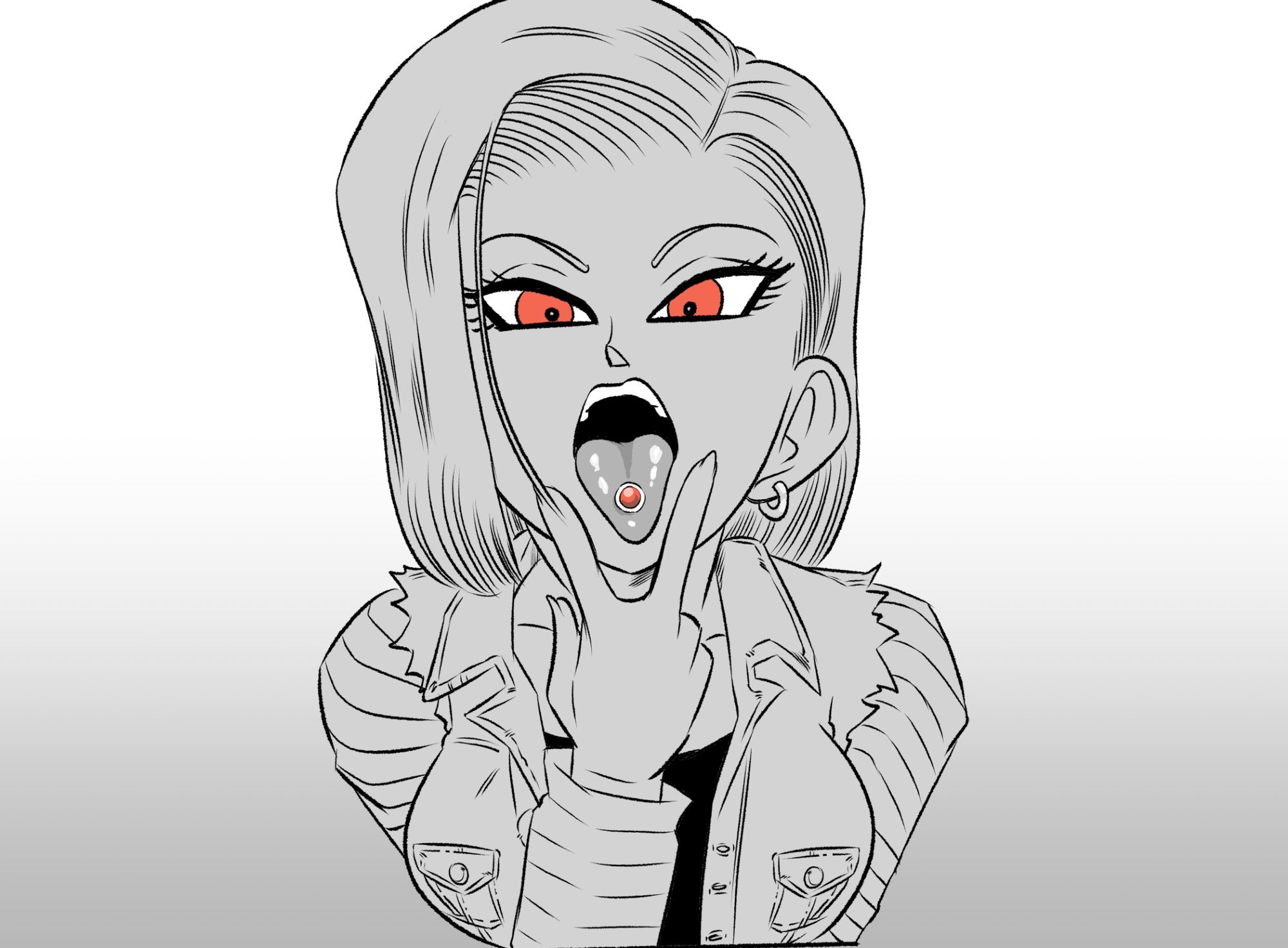 An illustration of Android 18 (Dragon Ball Z) sticking out her tongue with a piercing that resembles the red ball that can absorb energy.