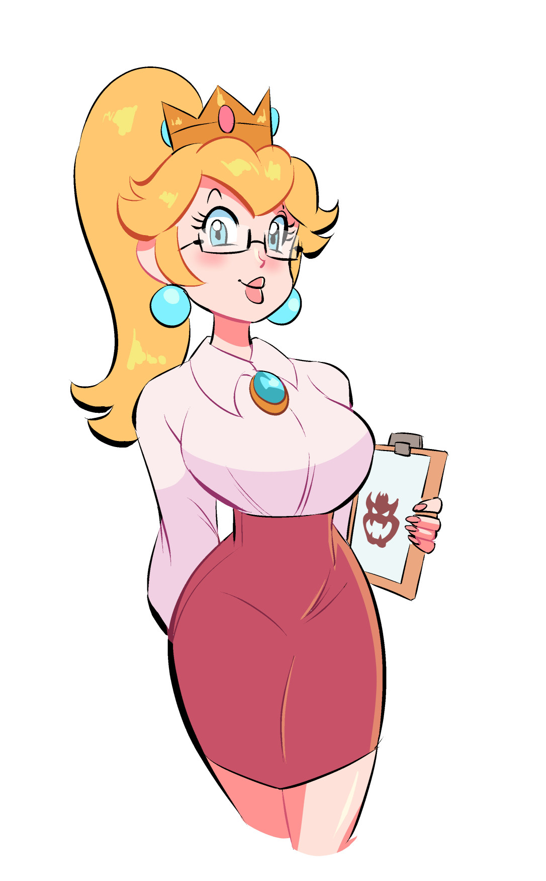 Princess Peach in cute office attire holding a clipboard.