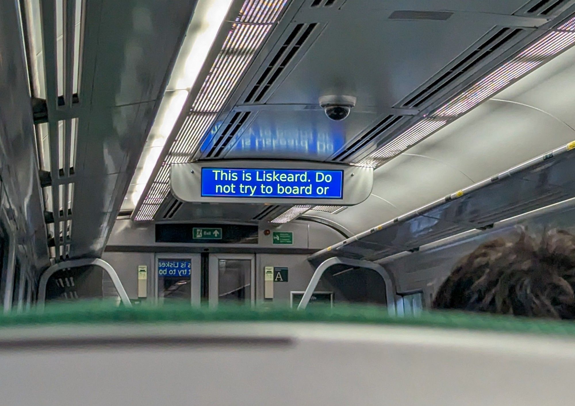 Passenger information screen, reading "This is Liskeard. Do not try to board or"