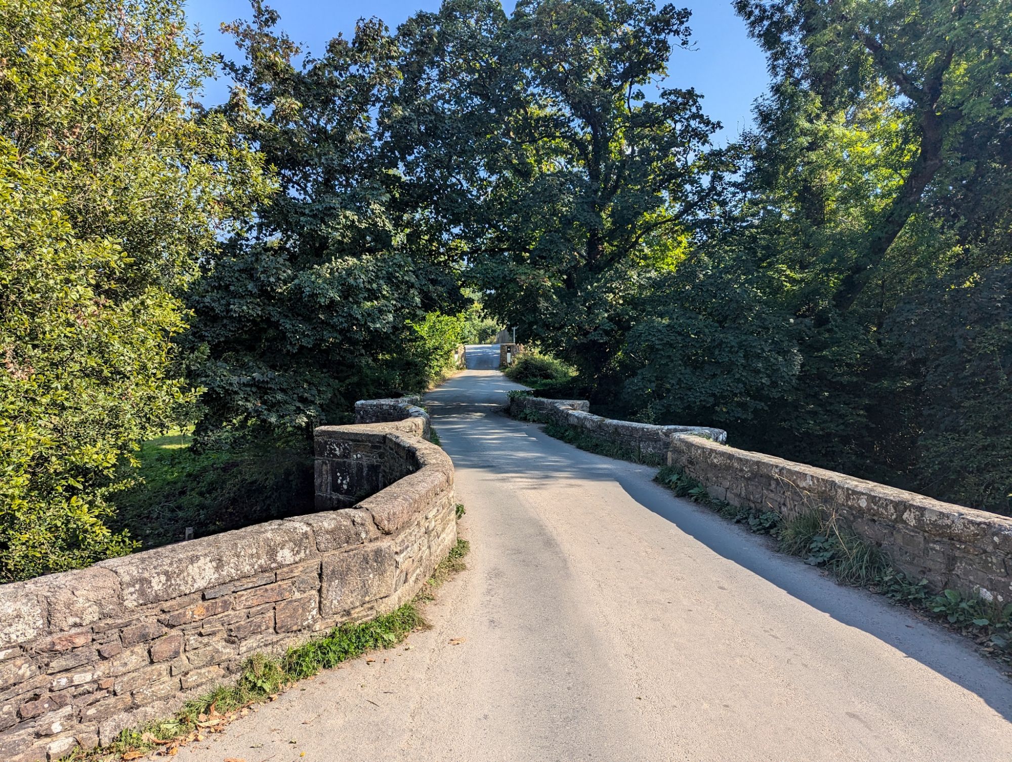 A narrow, old stone bridge, trees at both sides