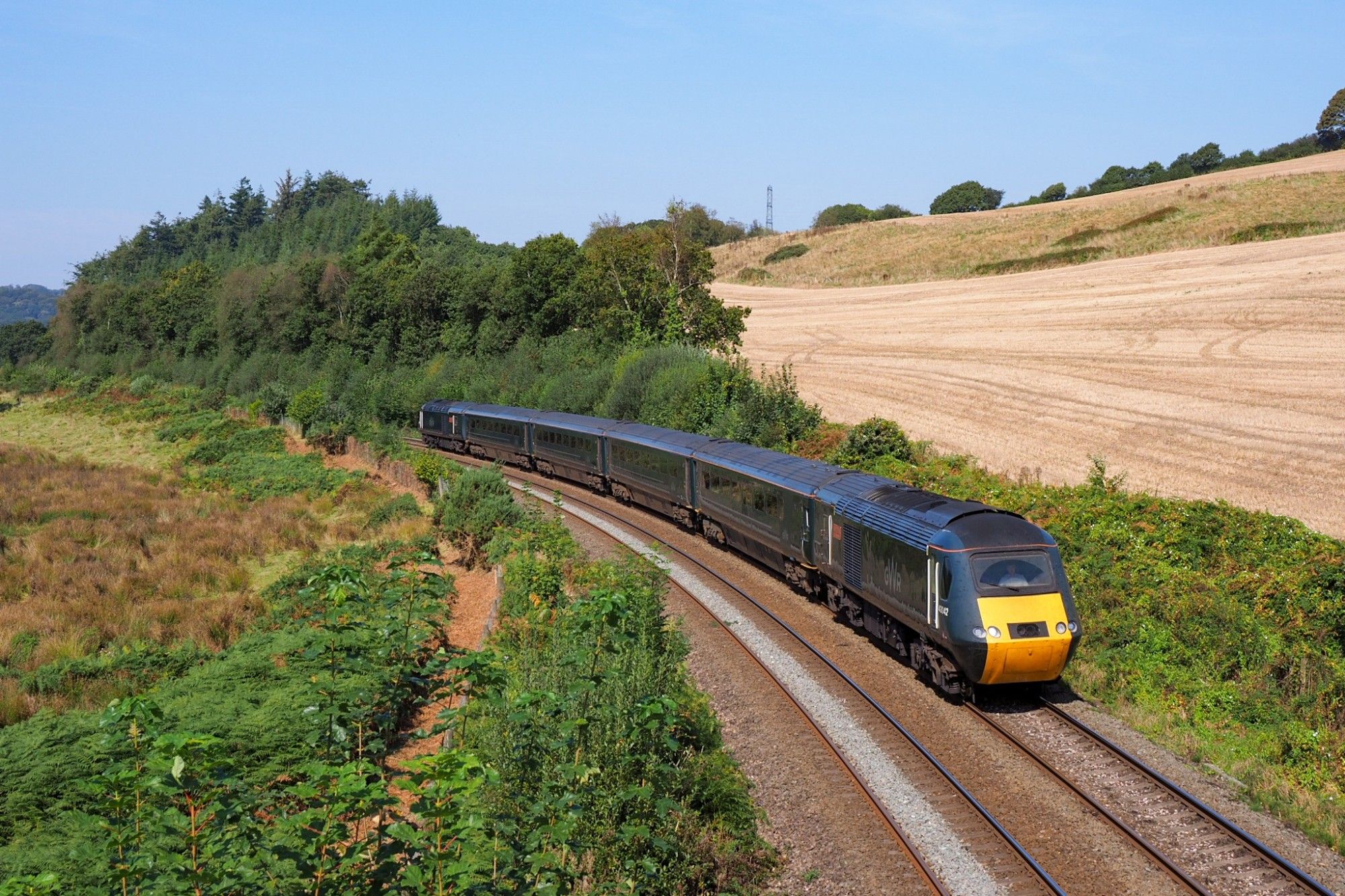 A GWR HST, two power cars, four intermediate coaches, all in GWR's dark green livery with a yellow front, in a curve between high lineside vegetation.