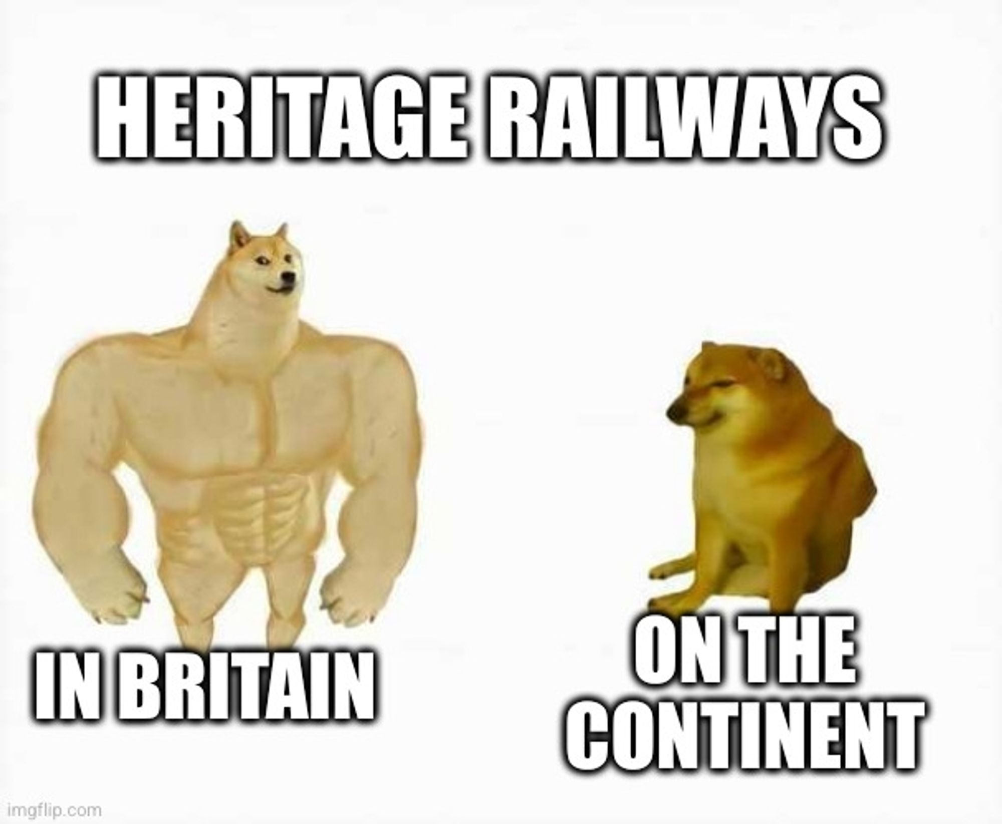 Strong dog vs weak dog meme. Text:
Heritage Railways...
... in Britain (strong dog)
... on the Continent (weak dog)