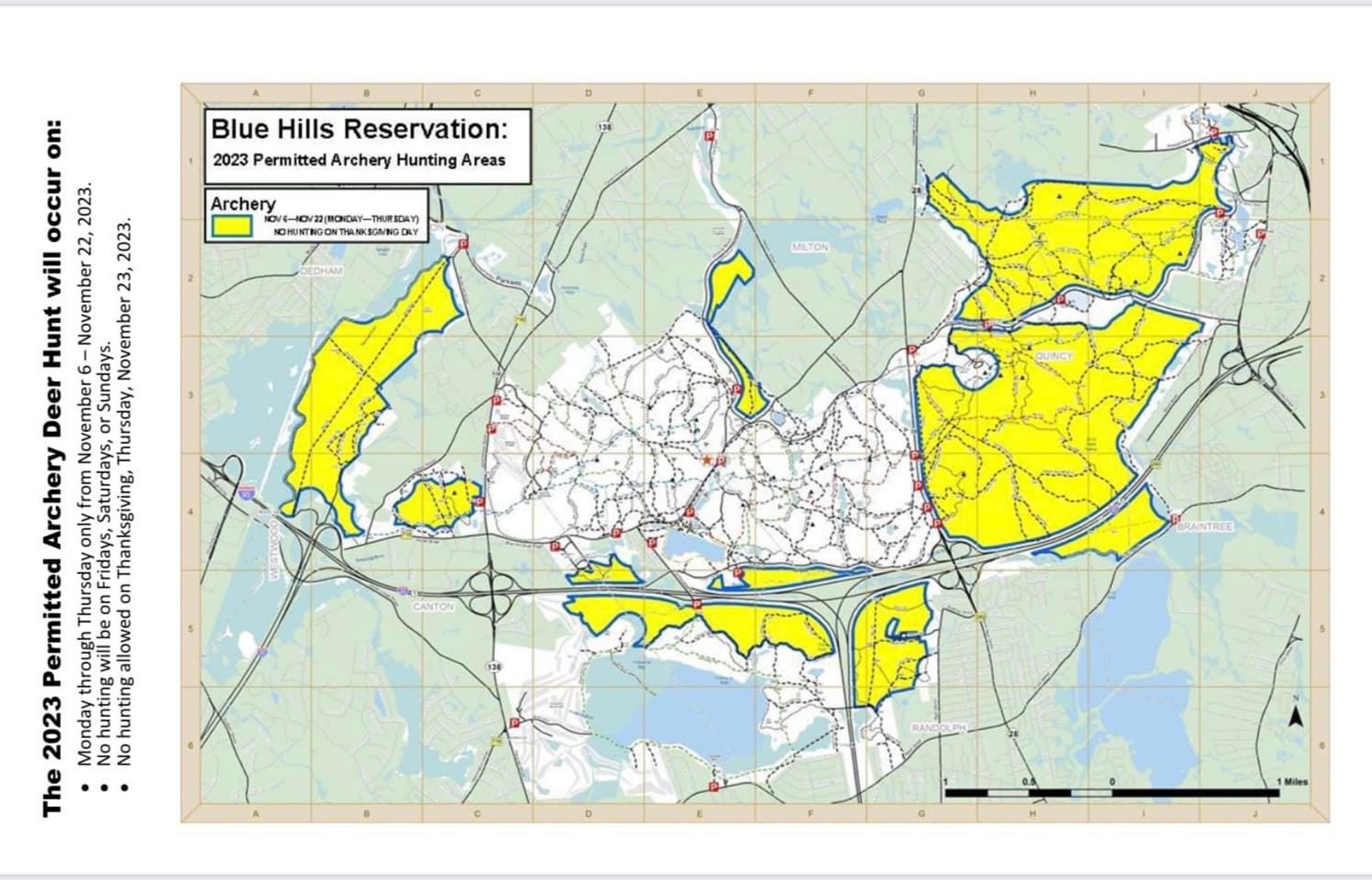 Map of the 2023 Blue Hills Reservation deer hunt from November 6-22