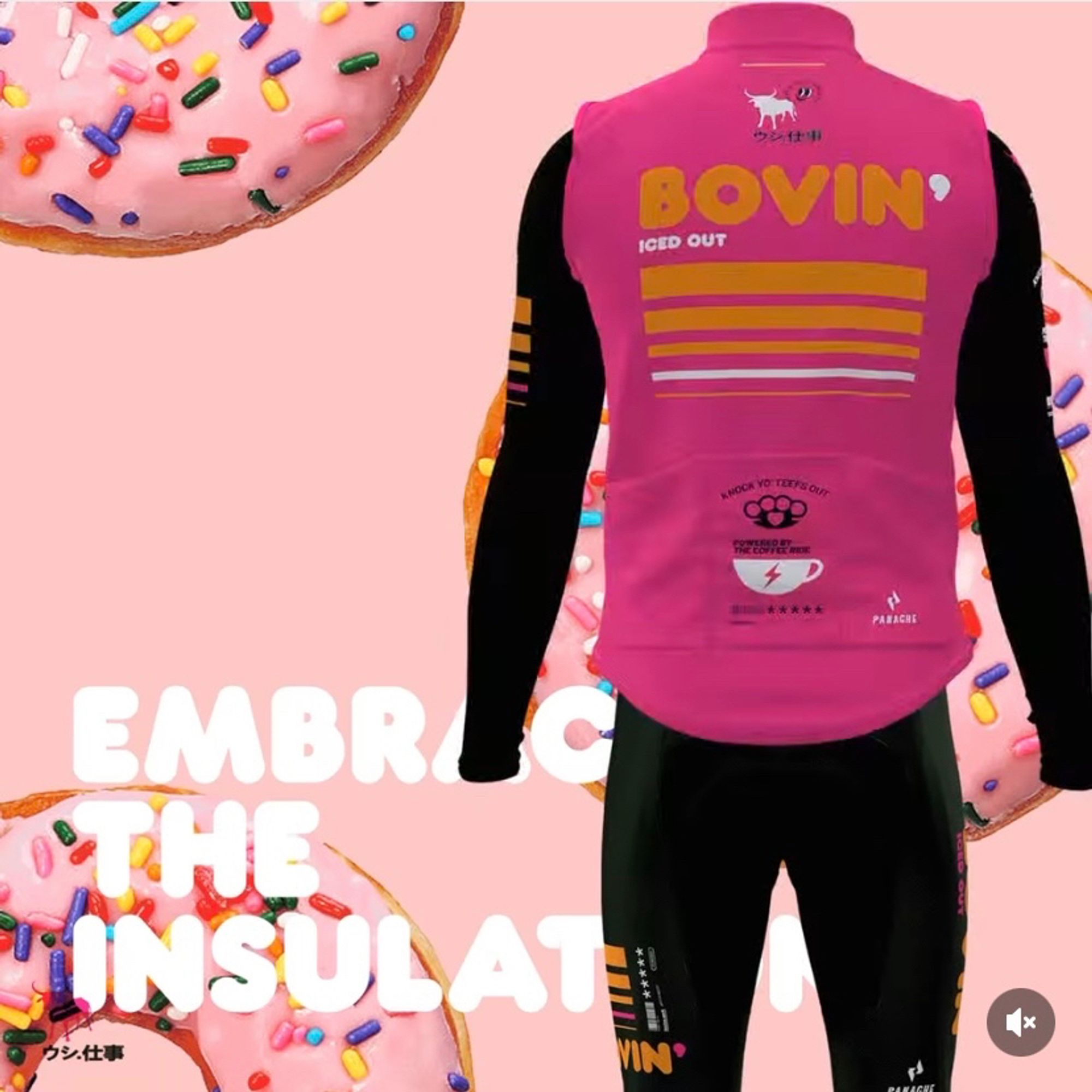 The latest in Panache Cyclewear’s Angry Bovine cycling kit series is the Bovin’ Collection, inspired by the Dunkin Donuts color palette and font. This view shows the back of the dark colored long-sleeve jersey with the bib shorts and the pink wind vest.