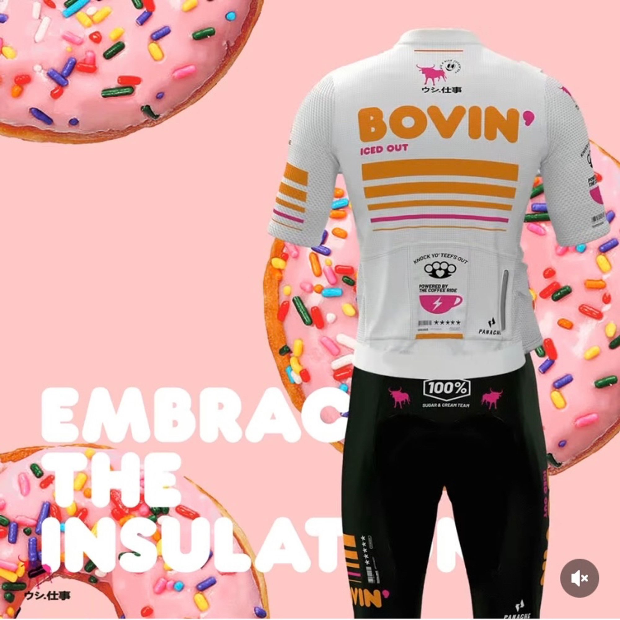 The latest in Panache Cyclewear’s Angry Bovine cycling kit series is the Bovin’ Collection, inspired by the Dunkin Donuts color palette and font. This view shows the back of the light colored jersey with the bib shorts.