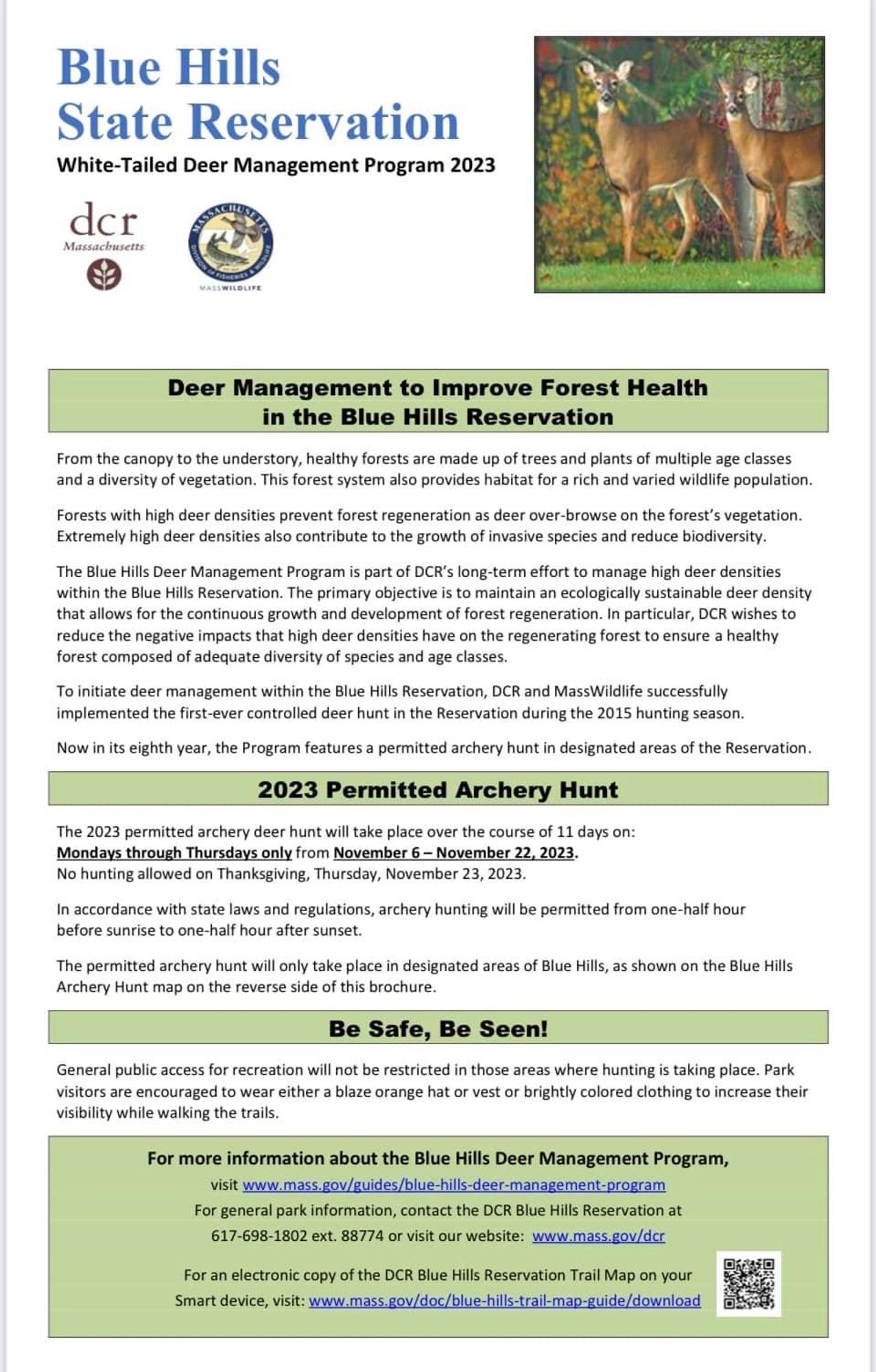 Flyer with details of the 2023 Blue Hills Reservation deer hunt from November 6-22