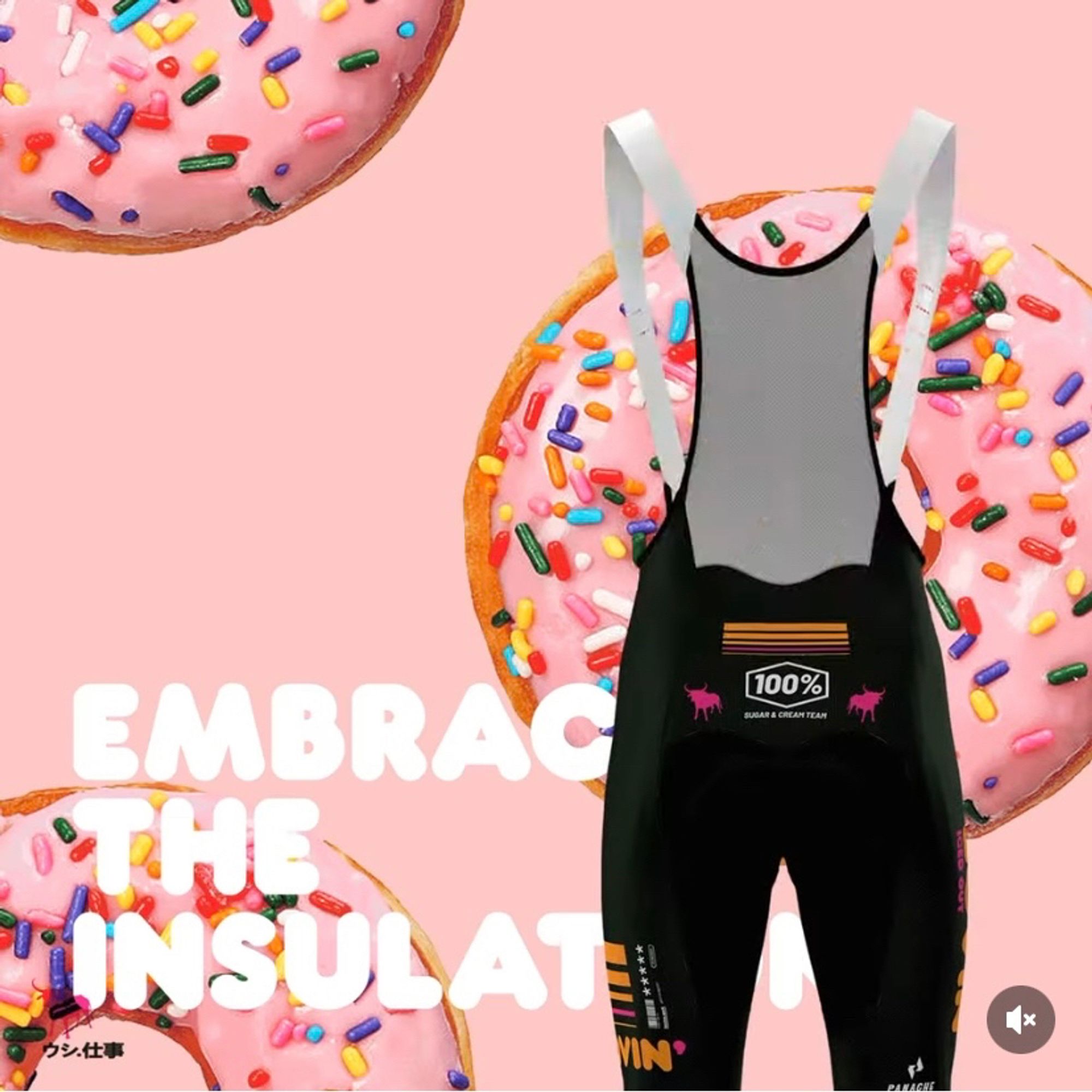 The latest in Panache Cyclewear’s Angry Bovine cycling kit series is the Bovin’ Collection, inspired by the Dunkin Donuts color palette and font. This view shows the back of the cycling bib shorts.