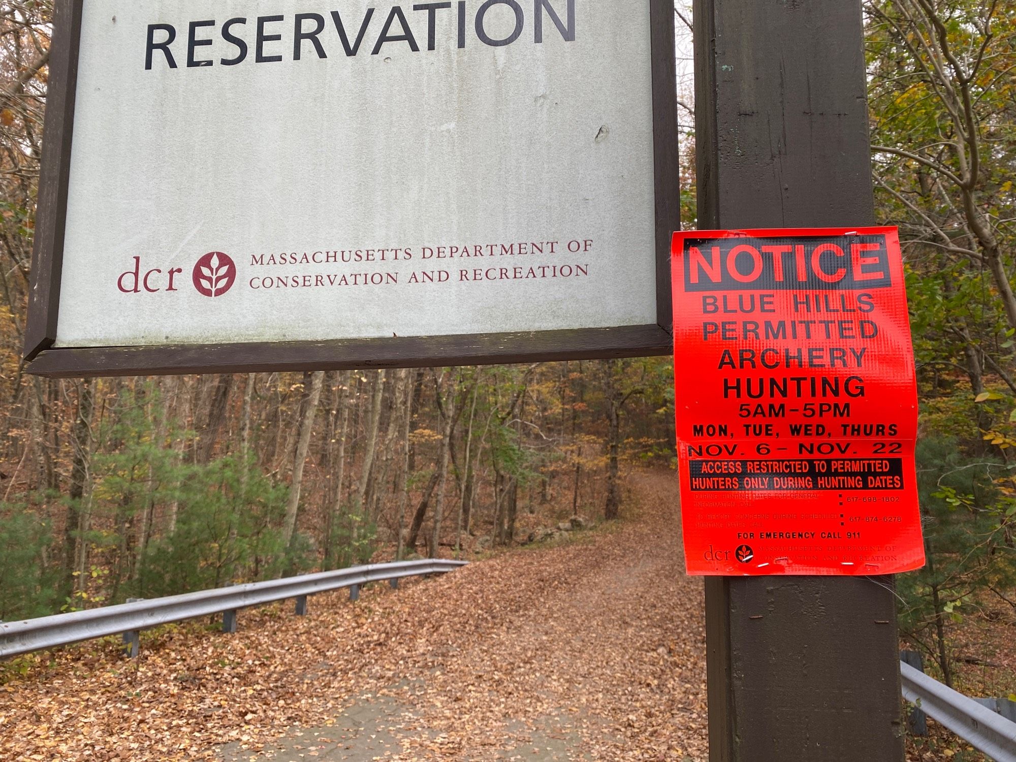 Massachusetts DCR Blue Hills archery deer hunting sign at Ponkapoag Trail