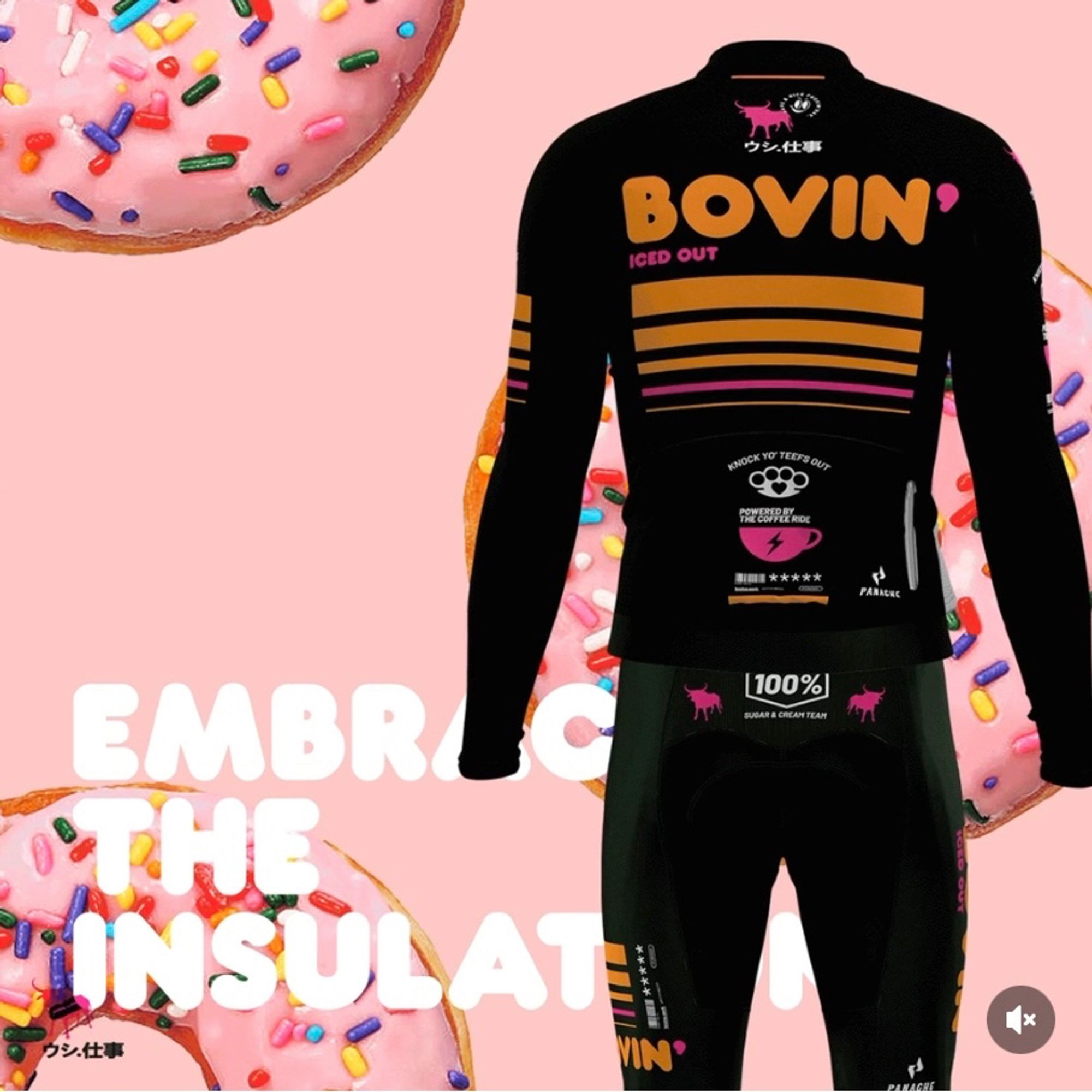 The latest in Panache Cyclewear’s Angry Bovine cycling kit series is the Bovin’ Collection, inspired by the Dunkin Donuts color palette and font. This view shows the back of the dark colored long-sleeve jersey with the bib shorts.