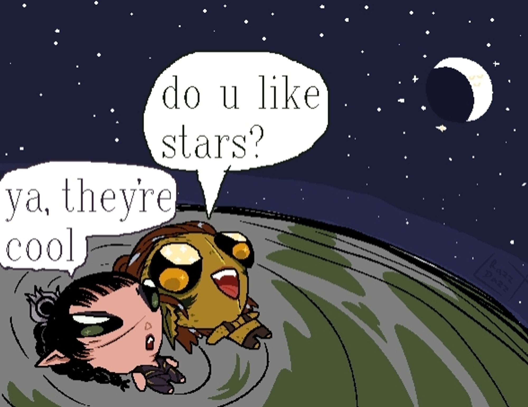 Meme redraw of Shadowheart and Lae'Zel as chibis stargazing together. Lae'Zel says "do you like stars?" And Shadowheart says "ya, they're cool"