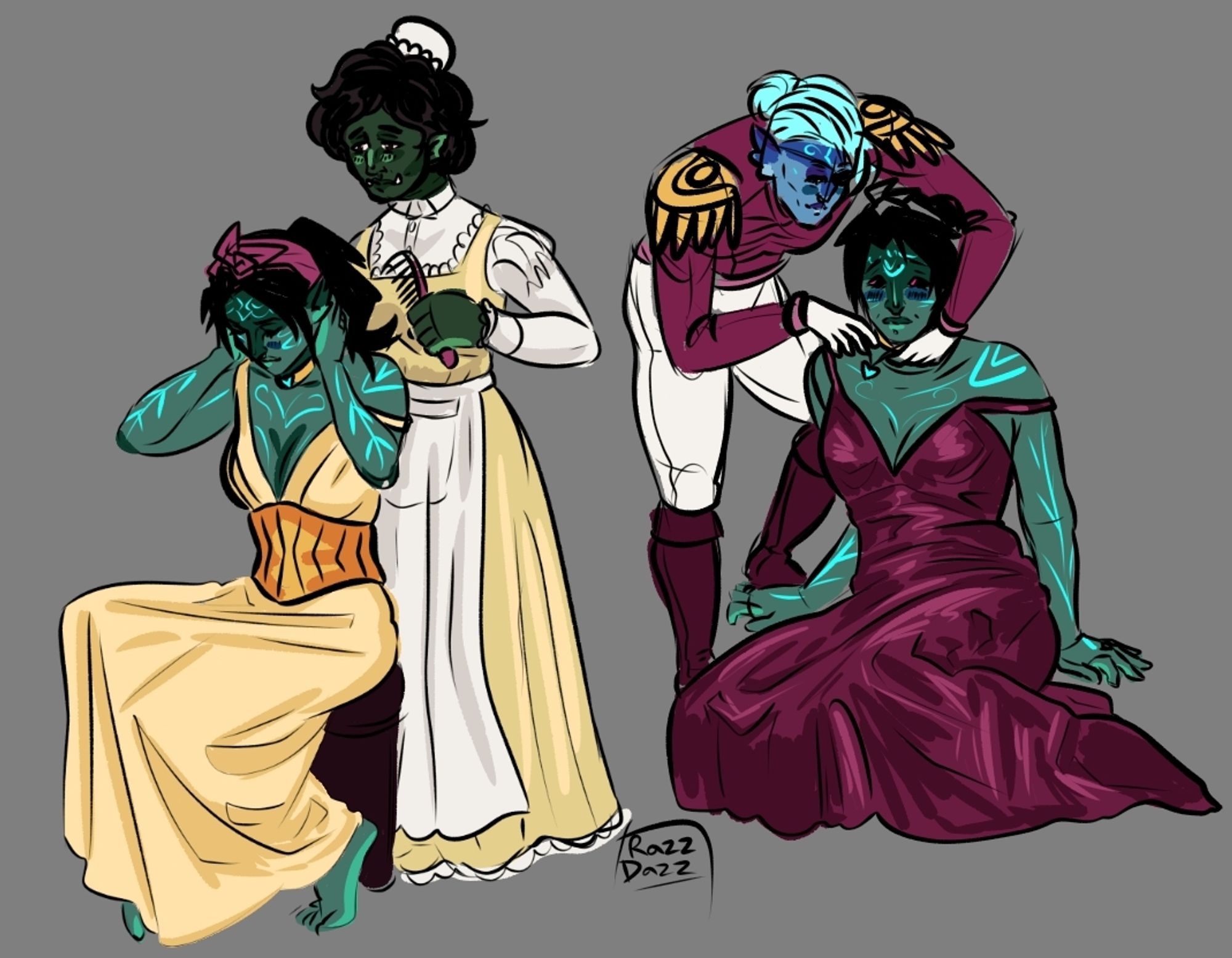 Digital drawing of Tiff with her wives. Left side has Tiff sitting down in a yellow dress and corset, with her hands holding her hair up as her wife Anya combs her hair. Anya has dark green smin and wears a yellow dress and cream white apron. Right side has Tiff in a fancy maroon dress, sitting on the floor as her wife Cassie secures her necklace. Cassie is wearing a royal military-style outfit and white gloves, has blue skin and light blue hair, and an eyepatch.