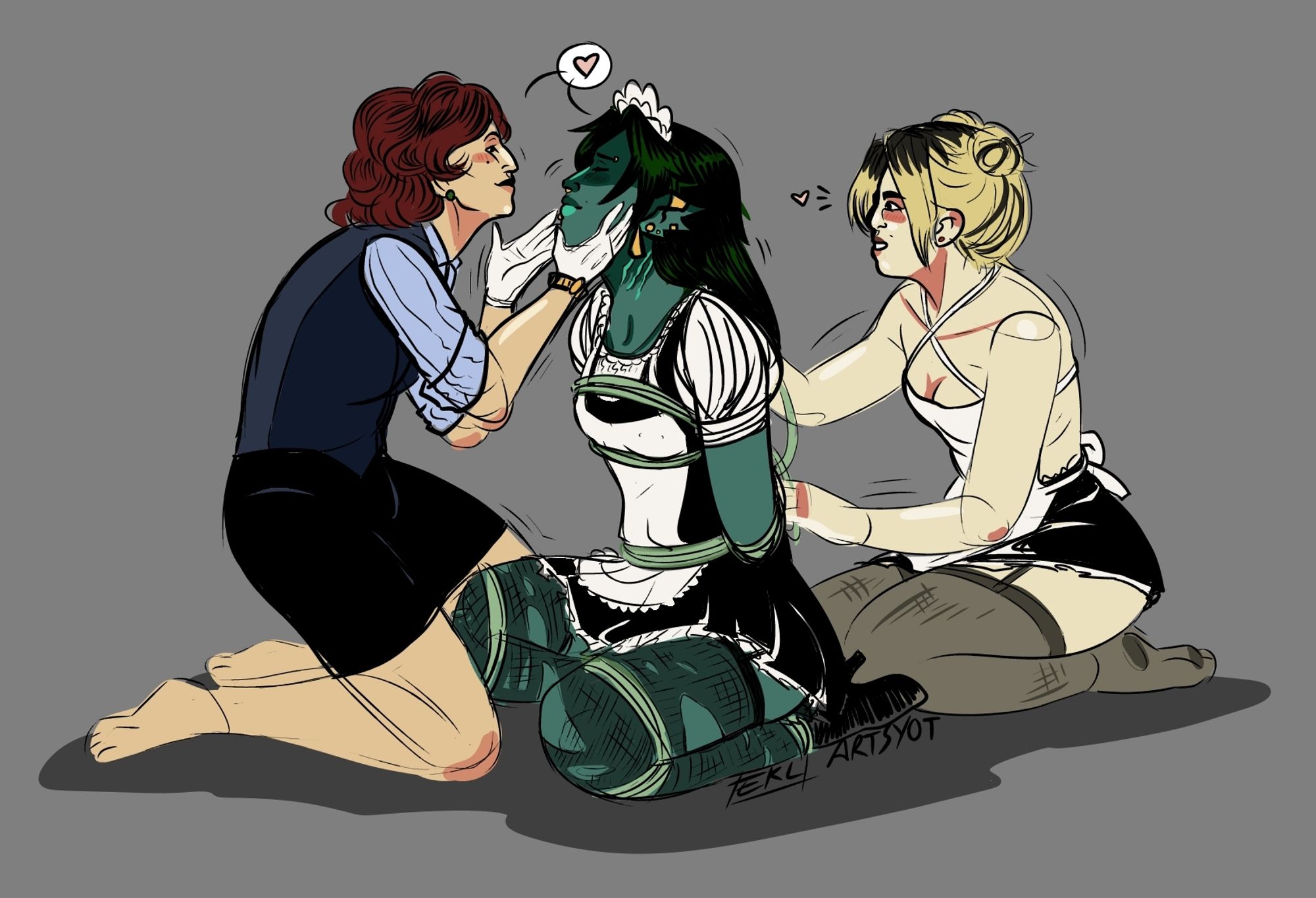 Digital artwork of three women - two of the women are lovingly tying the middle woman with green rope to do a shibari ropeplay scene. The leftmost woman has medium length curly red hair, and holds the middle woman (Tiff)'s face with her gloves hands. Middle woman is Razz's oc Tiff - she kneels on the floor with her arms behind her back as the rightmost woman ties her wrists together. Tiff has dark hair and blue-green skin, she is weaeing a maid outfit with poofy short sleeves and a short skirt and ripped up stockings and black heels. Tiff smiles serenely. Rightmost woman is smiles as she ties up Tiff. She has dyed blonde hair with dark roots showing, with most of the hair tied into twin buns. She wears a skimpy maid outfit without sleeves, and stockings.