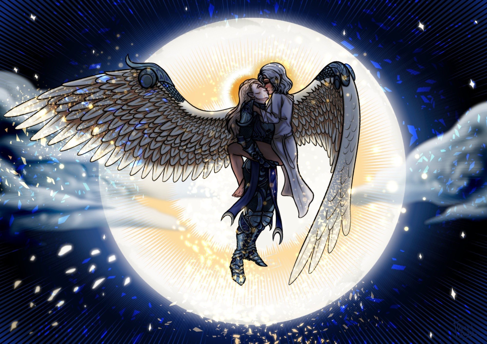 Illustration of Dame Aylin and Isobel from Baldur's Gate 3. Aylin flies in the air while embracing Isobel. They kiss in front of the Moon, stars and clouds circle them in the background. This piece was done as a donation request for an $100 donation.