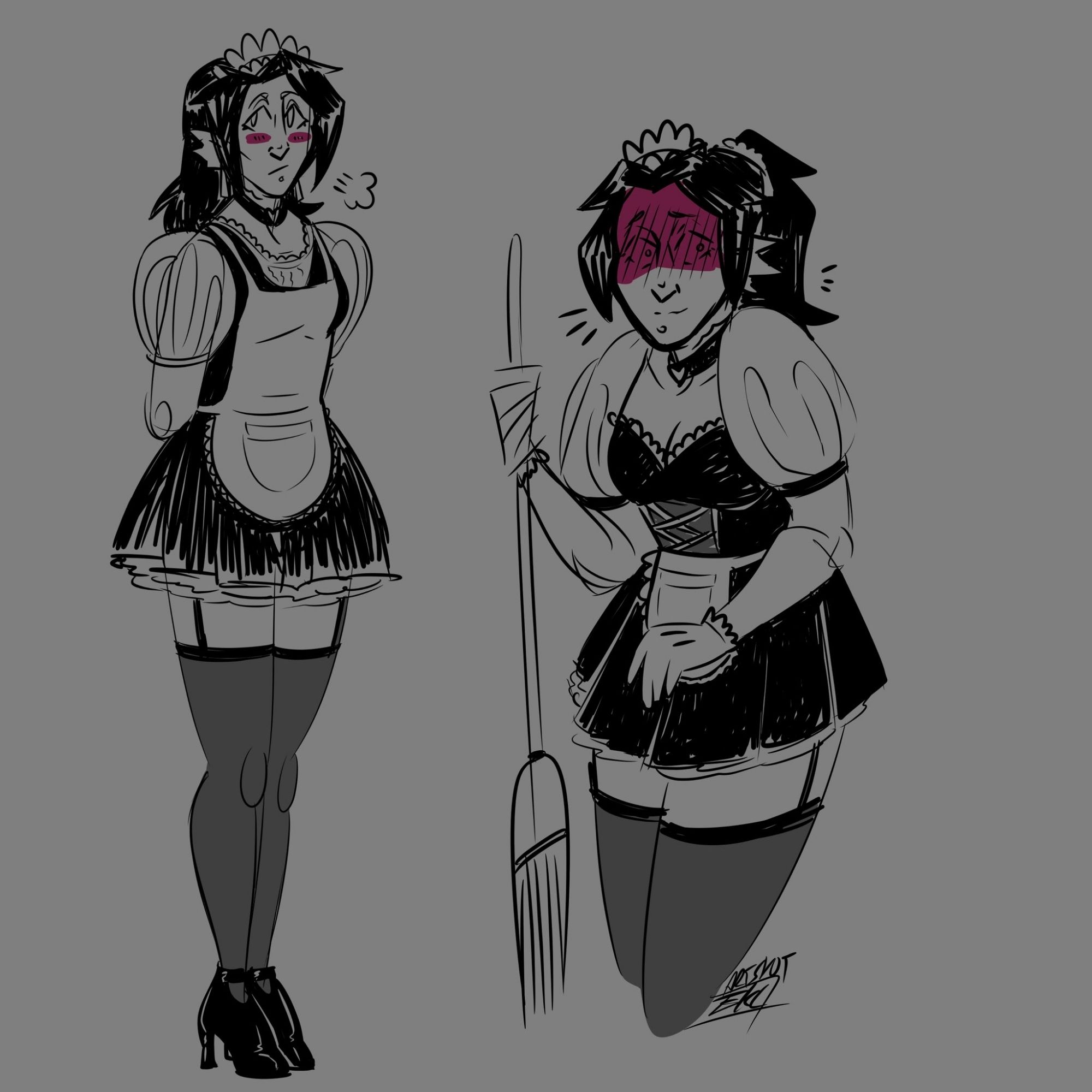 Sketches of Tiffany in a sexy maid outfit, blushing.