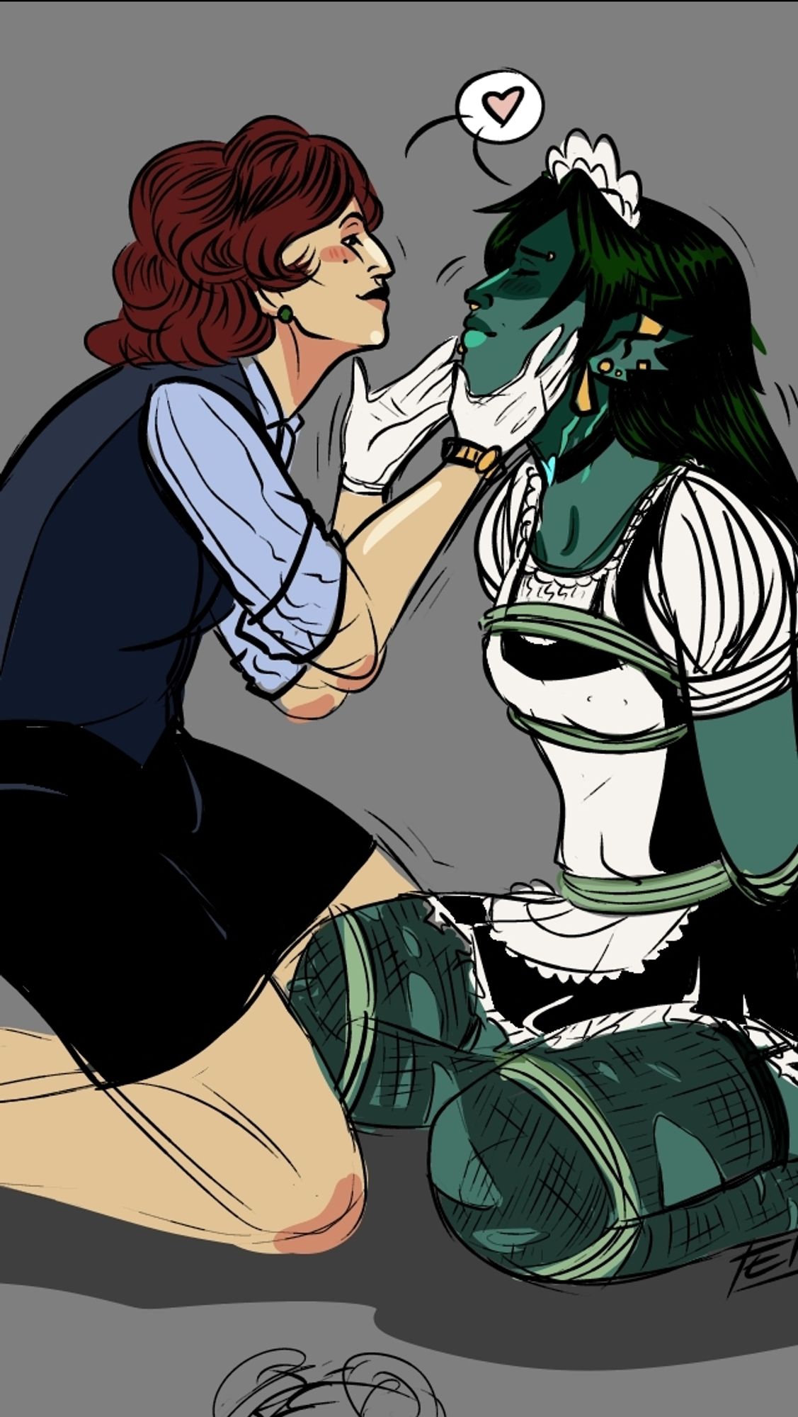 Drawing of two women, one with red hair and white gloves, and the other tied up in a maid outfit. The one tied up is Tiffany, she has blue-green skin and dark green hair. Both smile in contentment as the red-haired woman caresses Tiffany's face.