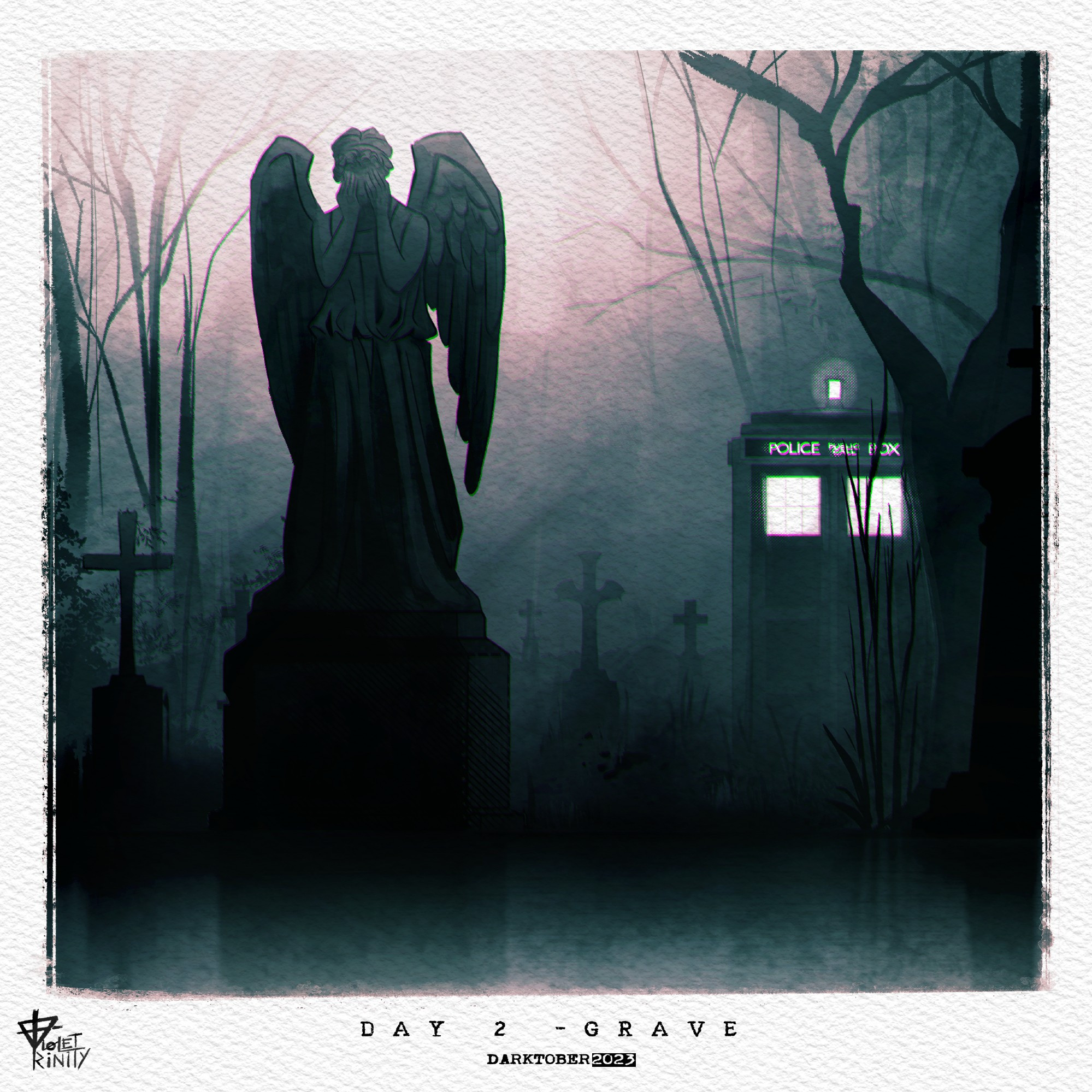 Square digital illustration canvas in a watercolor-inspired style. The illustration is of a graveyard. In front, there is an eerie Weeping Angel statue covering her face, while at the back corner, behind a tree, is the TRADIS.