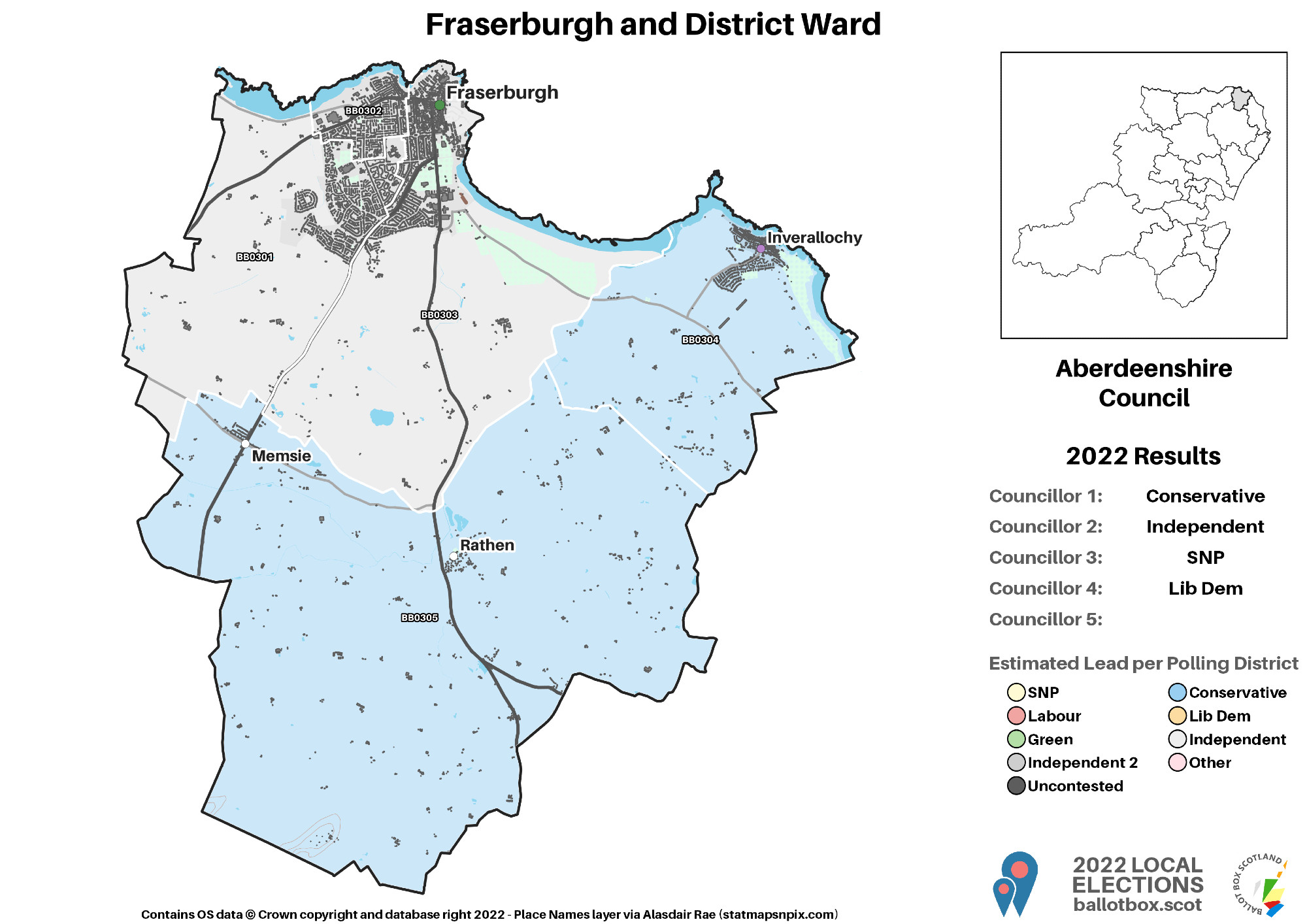 Map of the ward with polling districts coloured by 2022 winner. Conservatives led in rural districts including Inverallochy, Rathen and Memsie. Independent Mair led in Fraserburgh districts.