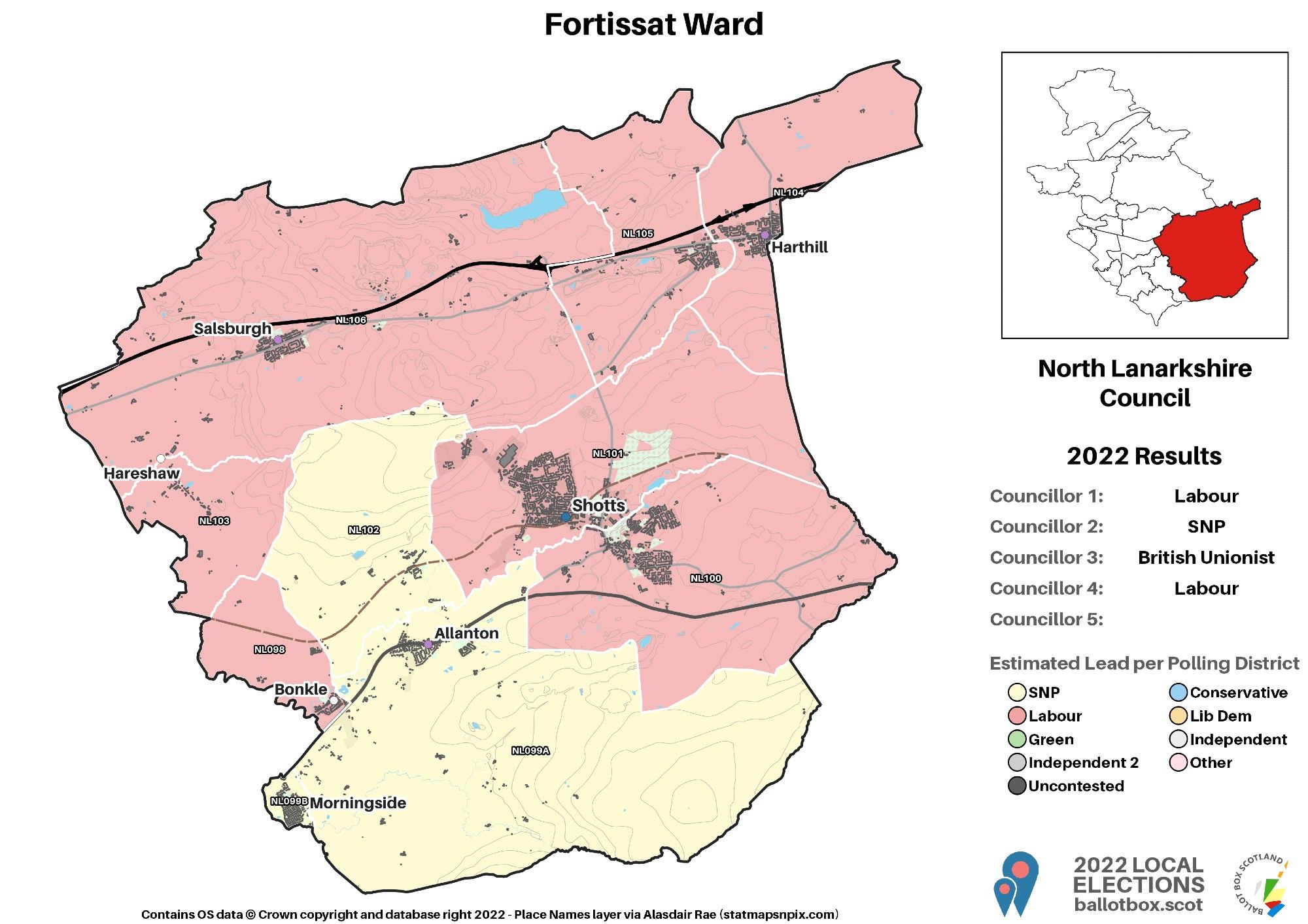 Map of the ward with polling districts coloured by 2022 winner. Labour led in most districts, including Shotts, Harthill, Salsburgh, Hareshaw and Bonkle. SNP led in districts covering Allanton and Morningside.