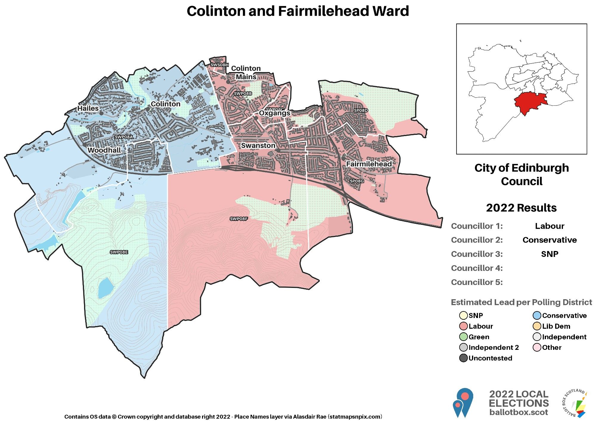 Map of the ward with polling districts coloured by 2022 winner. Labour led in the eastern half of the ward including Fairmilehead, Swanston, Oxgangs and Colinton Mains. Conservatives led in Colinton, Hailes and Woodhall.