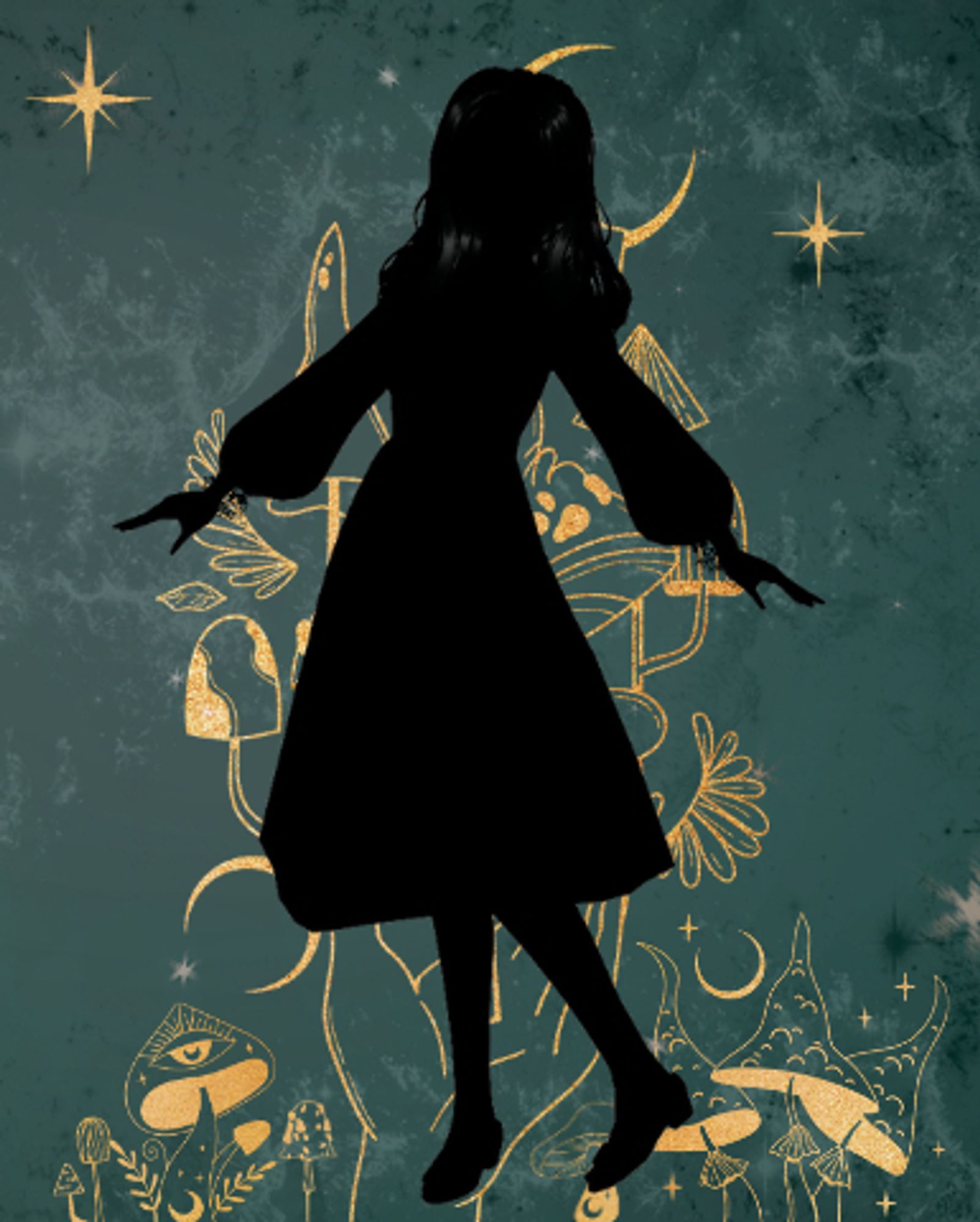 Black silhouette of a vtuber model on a green and gold background