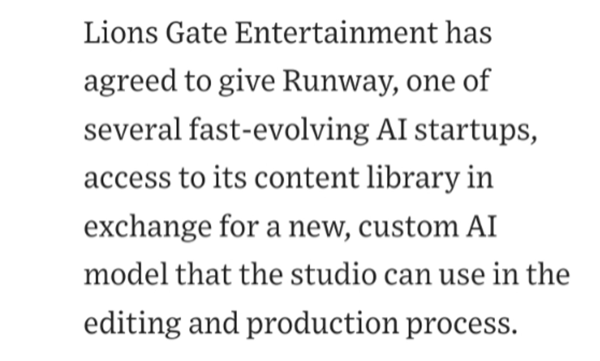 A paragraph from the WSJ saying that Lionsgate is giving Runway access to their catalog.