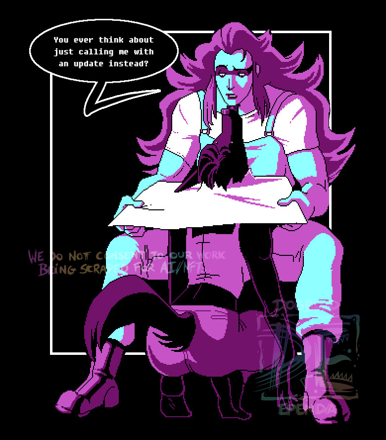 A black-furred werewolf (Mona) crouched down in front of a big Latina (Toska). Mona's head is punched through some blueprints as Toska looks on, exasperated. 

Toska: You ever think about just calling me with an update instead?