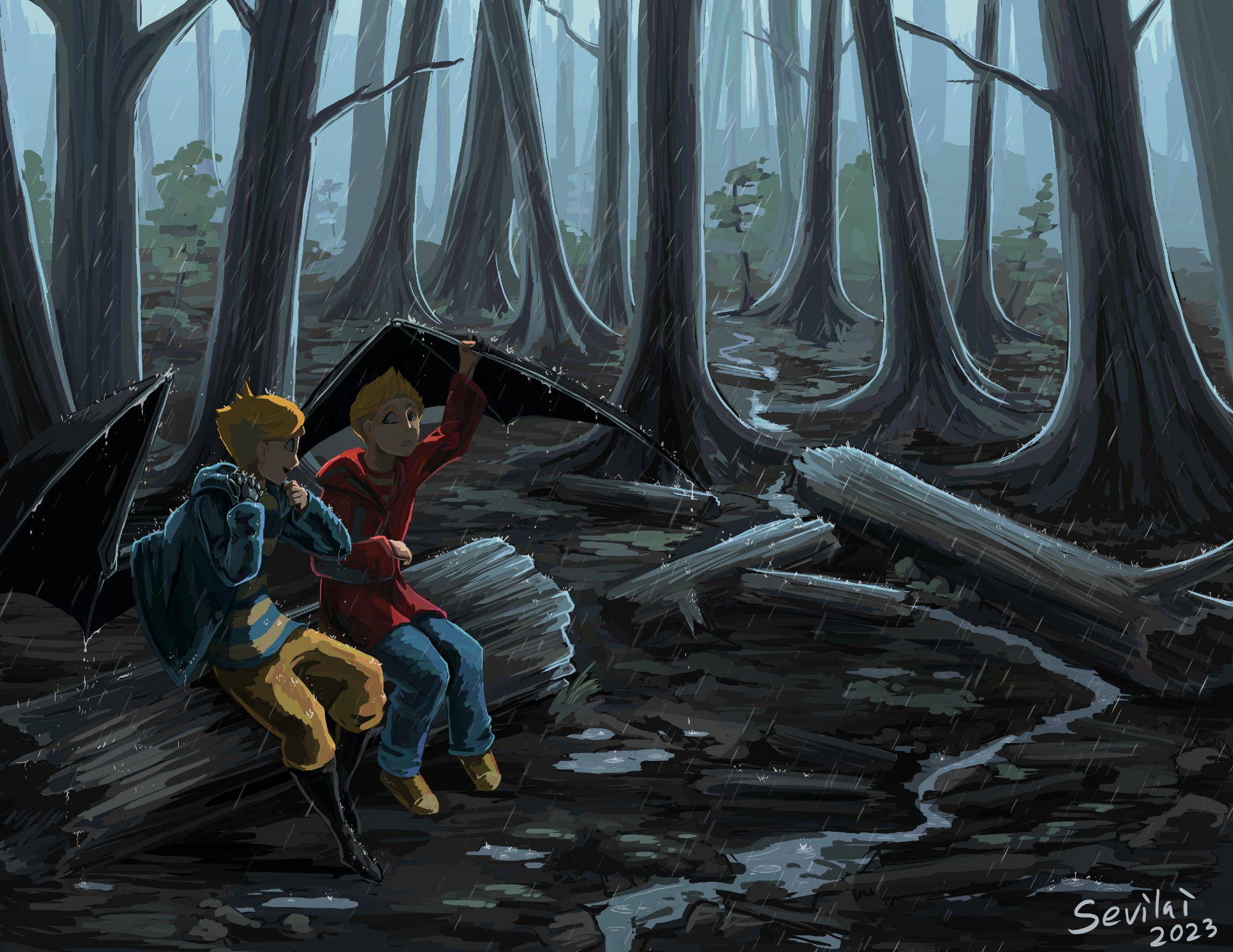 A digital illustration of Claus and Lucas from the game Mother 3. They are interpreted as older teens in a post-game universe. They are sitting next to each other on a fallen log in the Sunshine Forest during a storm. Each wears a rain coat of their respective shirt colors. Lucas is holding one of Claus' wings over his head, while Claus is reaching for the hood of his coat to pull over his head. Claus is looking at Lucas and smiling.