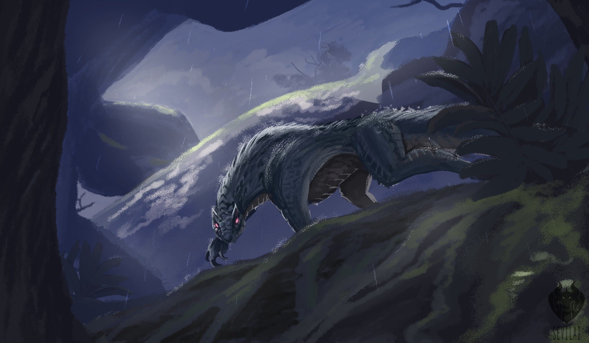 A painting of a Tobi-Kadachi from Monster Hunter in the Ancient Forest. It stalks the upper canopy in the rain, looking towards the viewer with one paw outstretched.