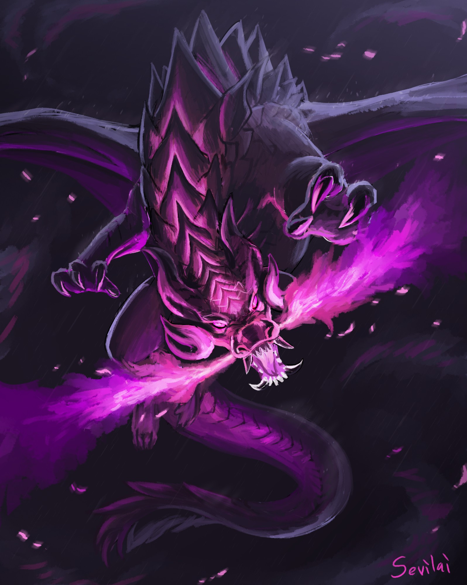 A painting of a black dragon with red eyes flying through rain and shooting pink and purple flames from both sides of his mouth. He is facing the viewer head on, staring at the viewer with one claw raised up. His head is down and his wings are spread off the canvas. He has four horns with the upper pair sweeping back and the lower pair curled forwards and he has tall spikes that run along his back and pink and purple glow glow from between them.