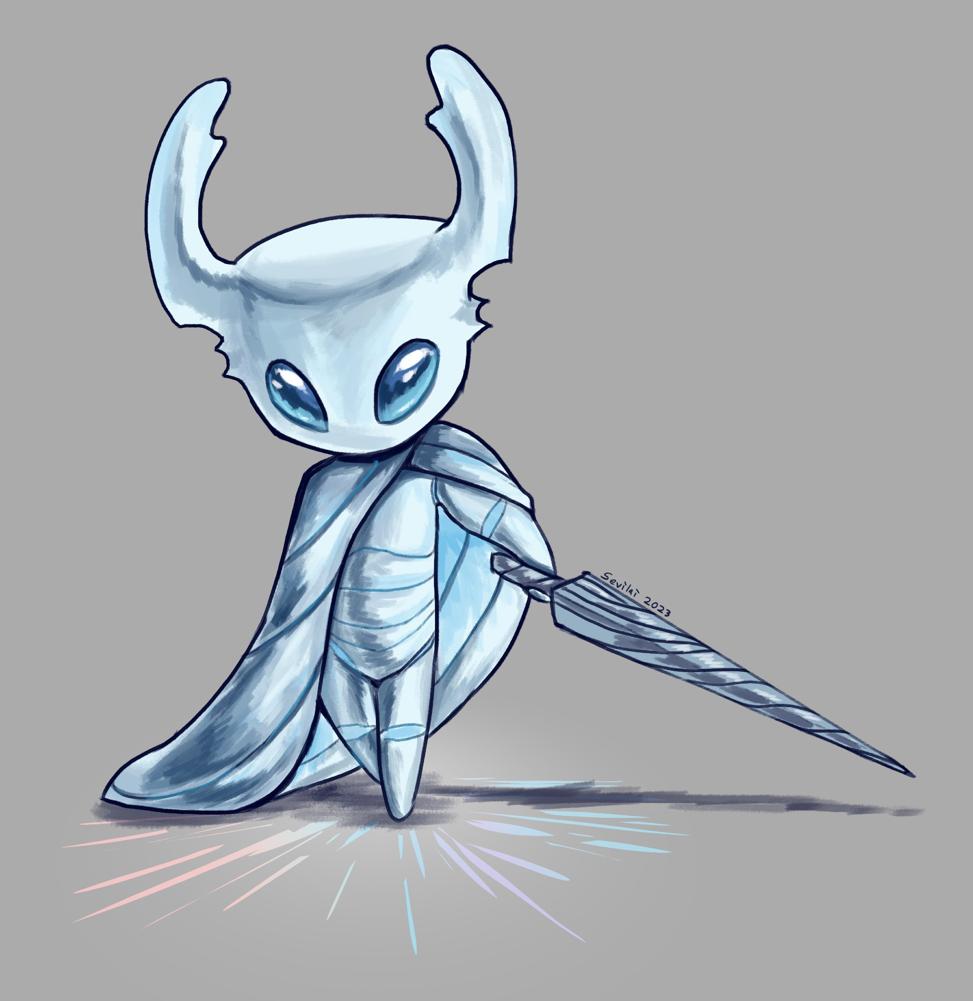 A painting of an alternate universe version of the Knight from the game Hollow Knight. They are solid white with a blue iridescence and have blue eyes like the White Lady and jagged horns like the Pale King. They stand facing the viewer with the pure nail held out in one hand, the other hidden by their cloak.