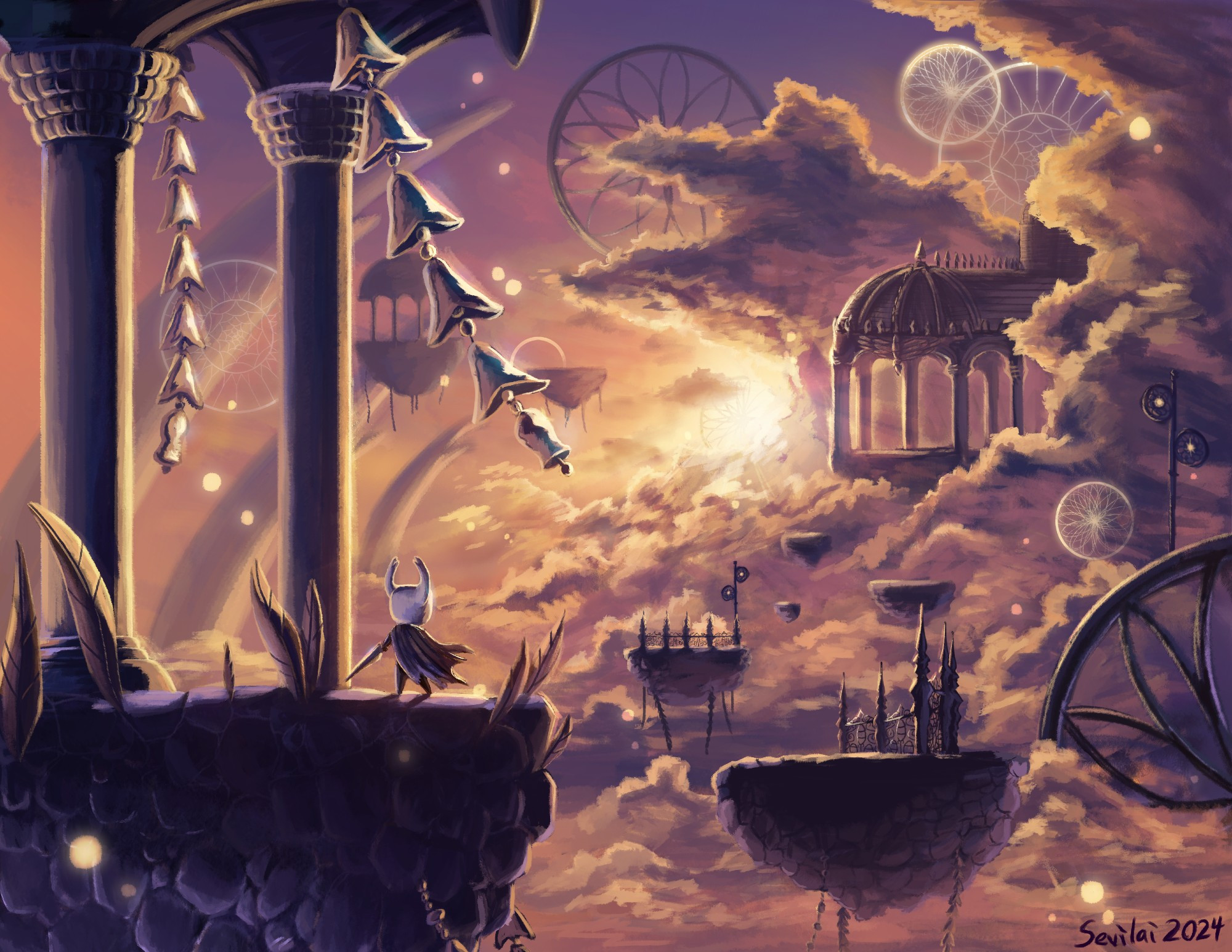 A painting of the Dream Realm from Hollow Knight.
The painting is an orange-yellow with a blue backlight. The Knight stands on a disconnected hallway in the bottom left quadrant of the image. They have nail in hand and they are facing away from the viewer. Large towering clouds take up the right of the image. A bright light shines through them in the top right quadrant, illuminating a distant building in the same quadrant.