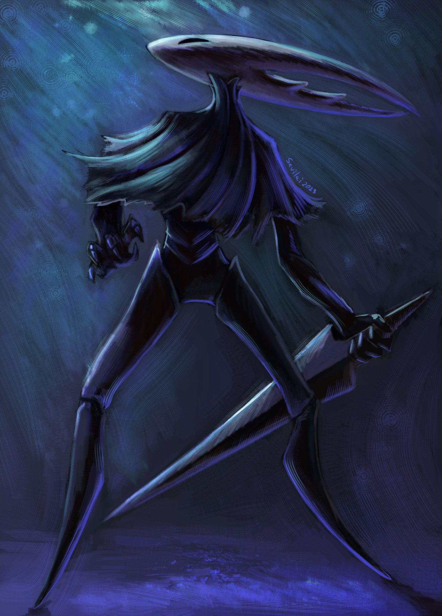 A heavily textured painting of Hollow Knight from a slight worm's eye view on a blue and green background. Their body faces right while their head faces up and to the left. Their right hand is held up slightly and they hold their nail in their left hand with the blade facing away from the viewer, towards the ground.